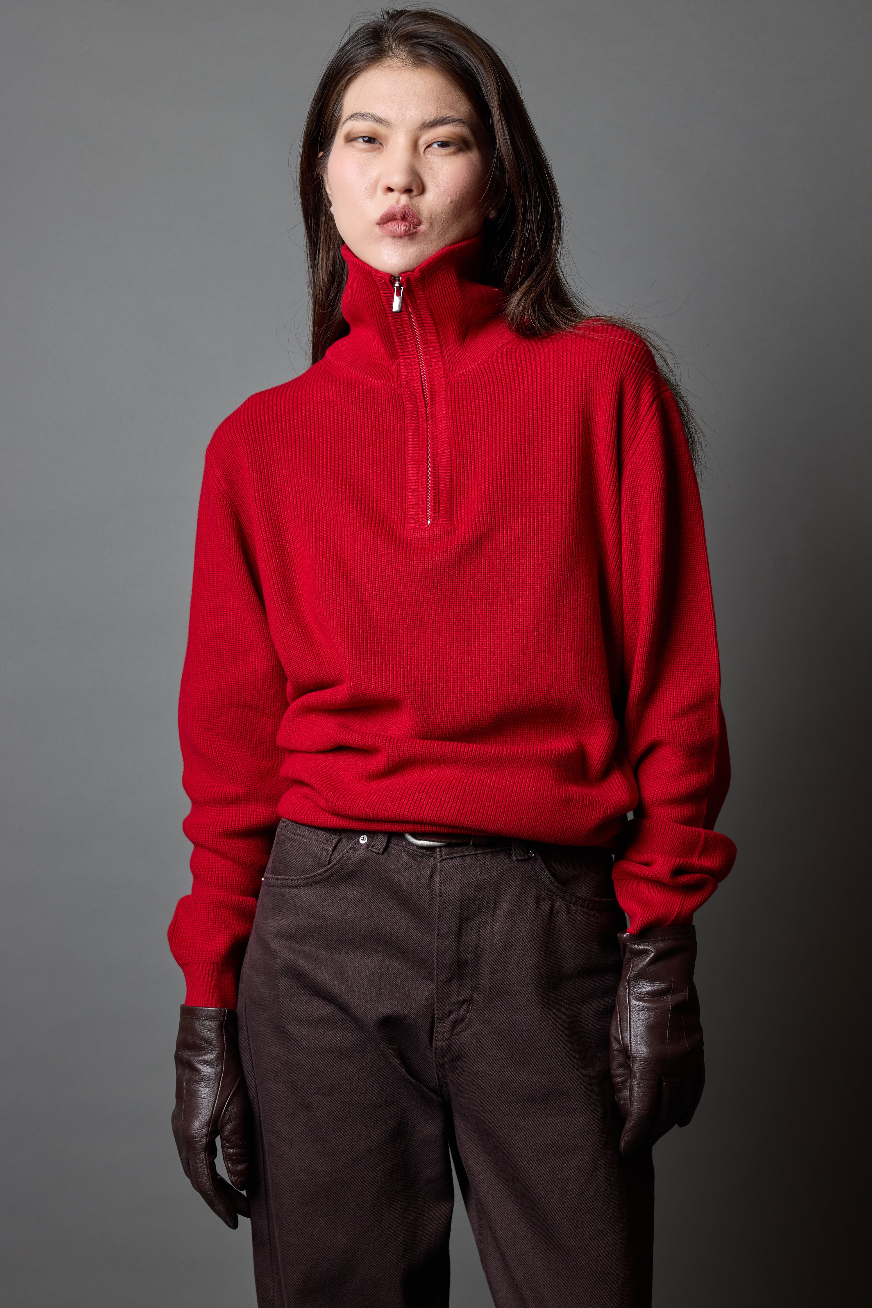 COTTON HIGH COLLAR ZIPPERED UNISEX SWEATER RED