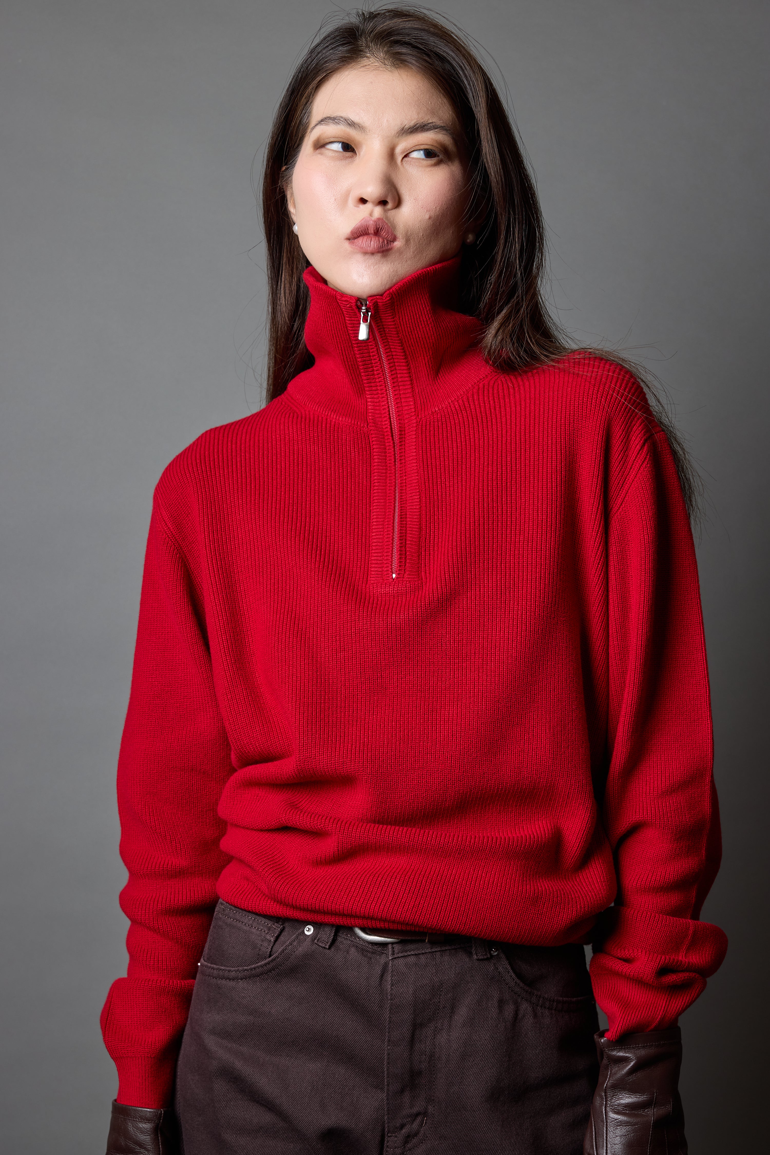 COTTON HIGH COLLAR ZIPPERED UNISEX SWEATER RED