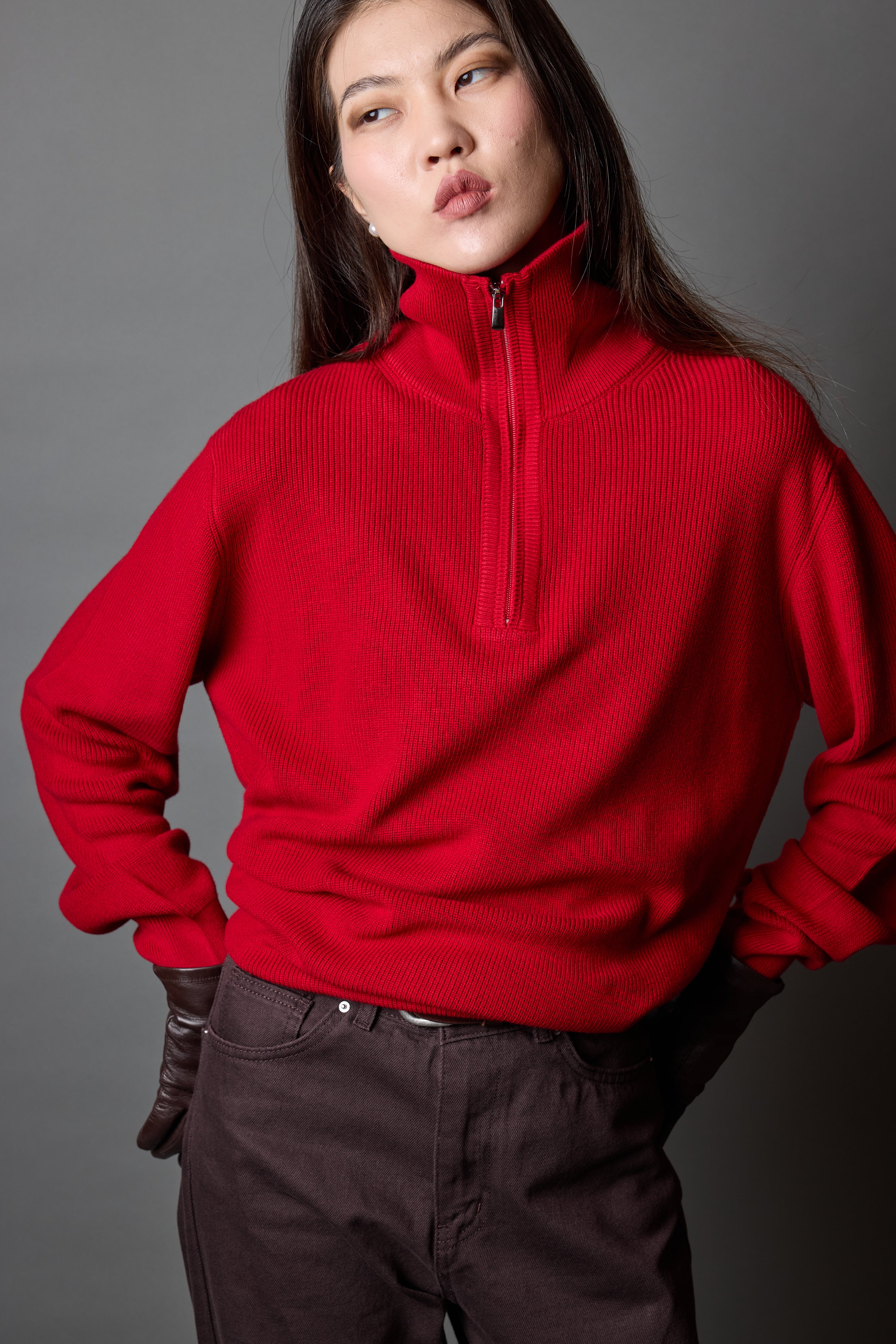 COTTON HIGH COLLAR ZIPPERED UNISEX SWEATER RED