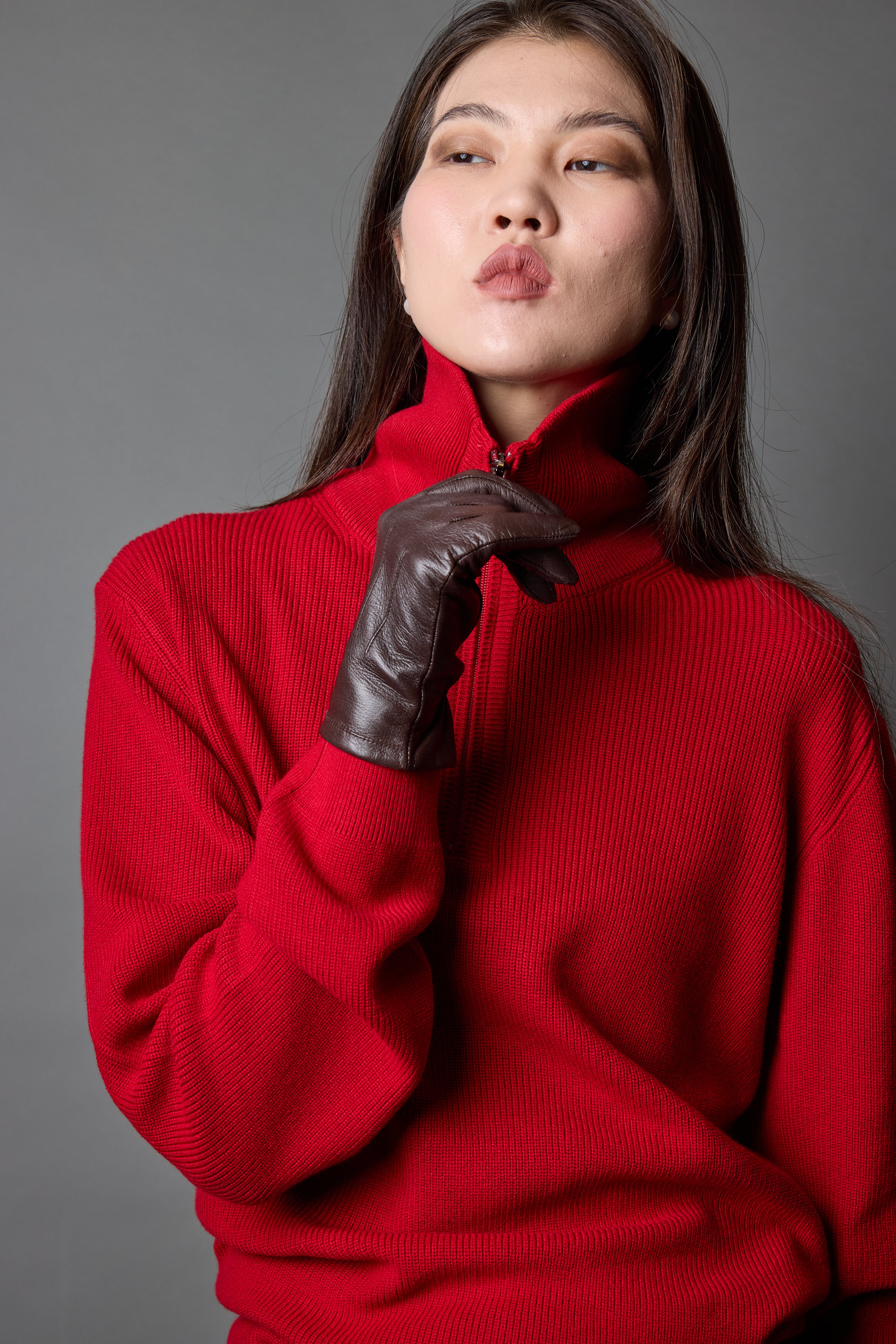 COTTON HIGH COLLAR ZIPPERED UNISEX SWEATER RED