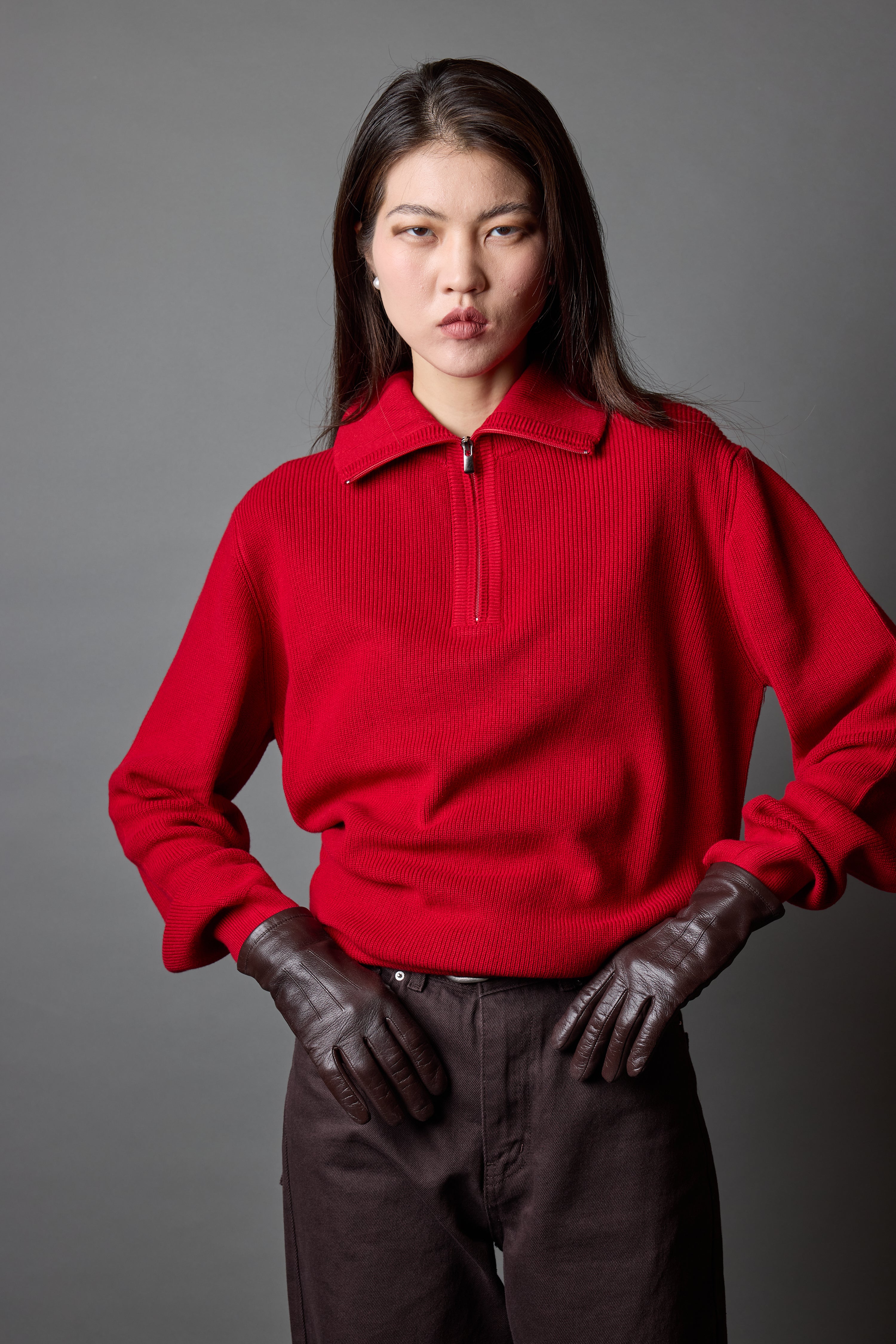 COTTON HIGH COLLAR ZIPPERED UNISEX SWEATER RED