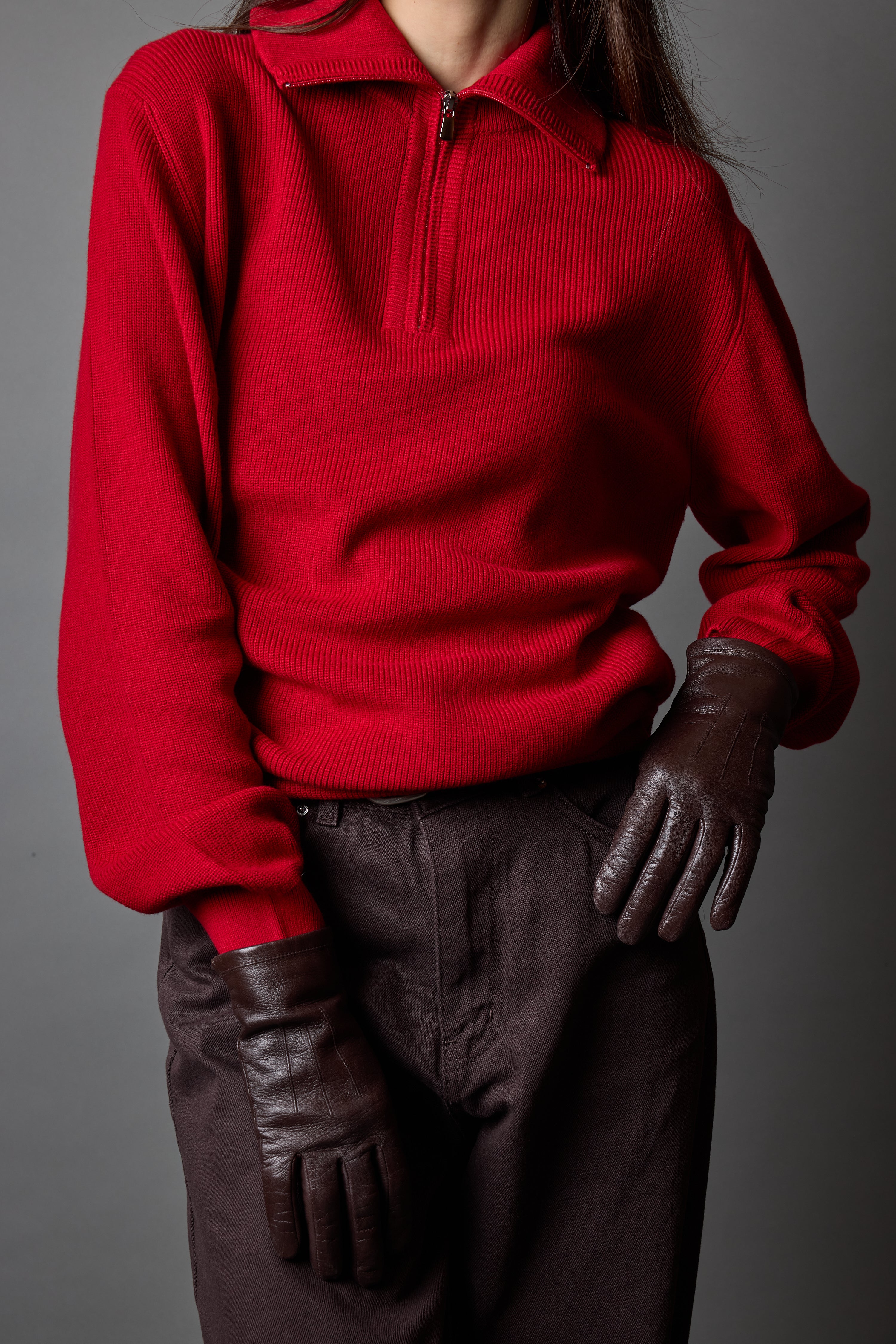 COTTON HIGH COLLAR ZIPPERED UNISEX SWEATER RED