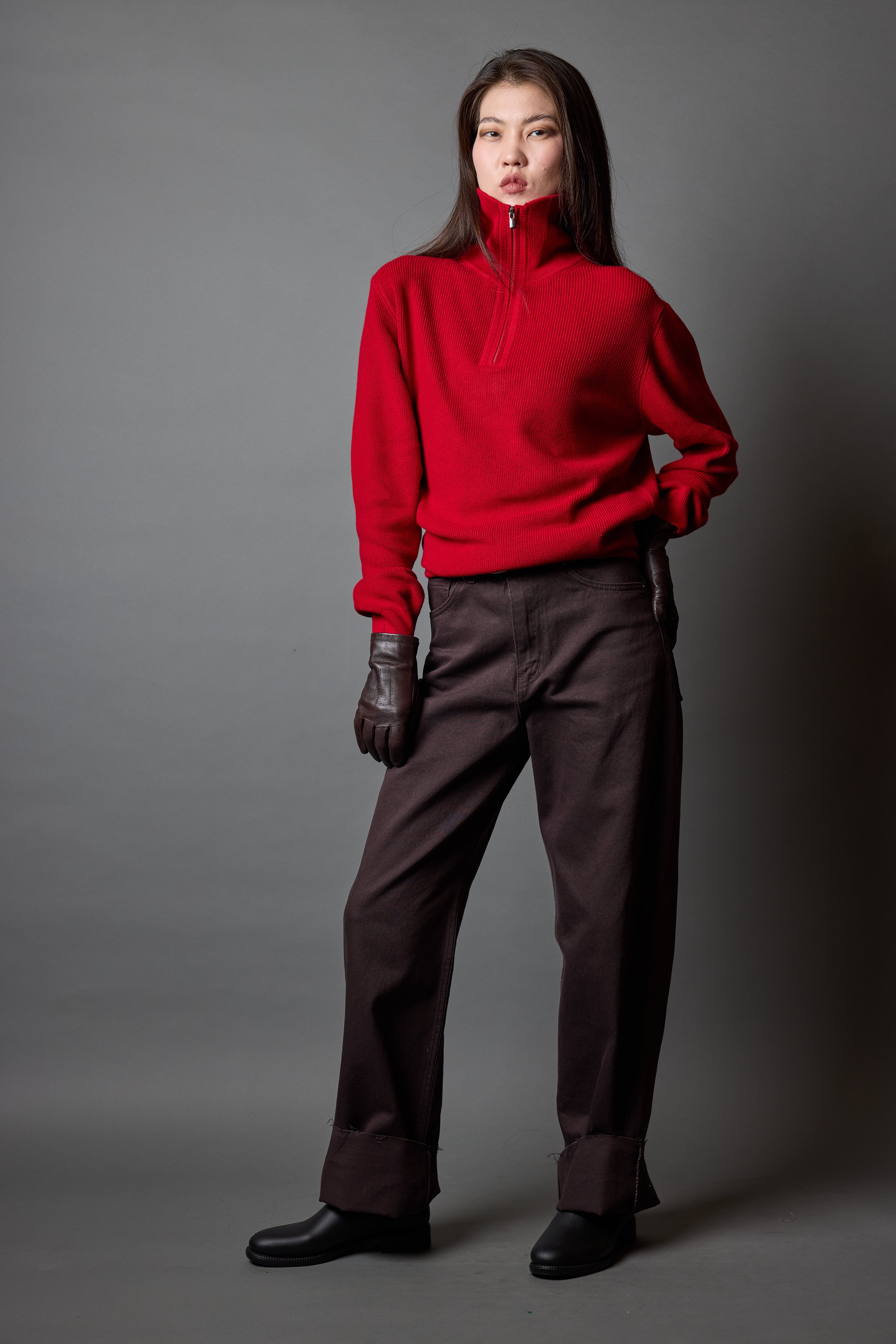 COTTON HIGH COLLAR ZIPPERED UNISEX SWEATER RED