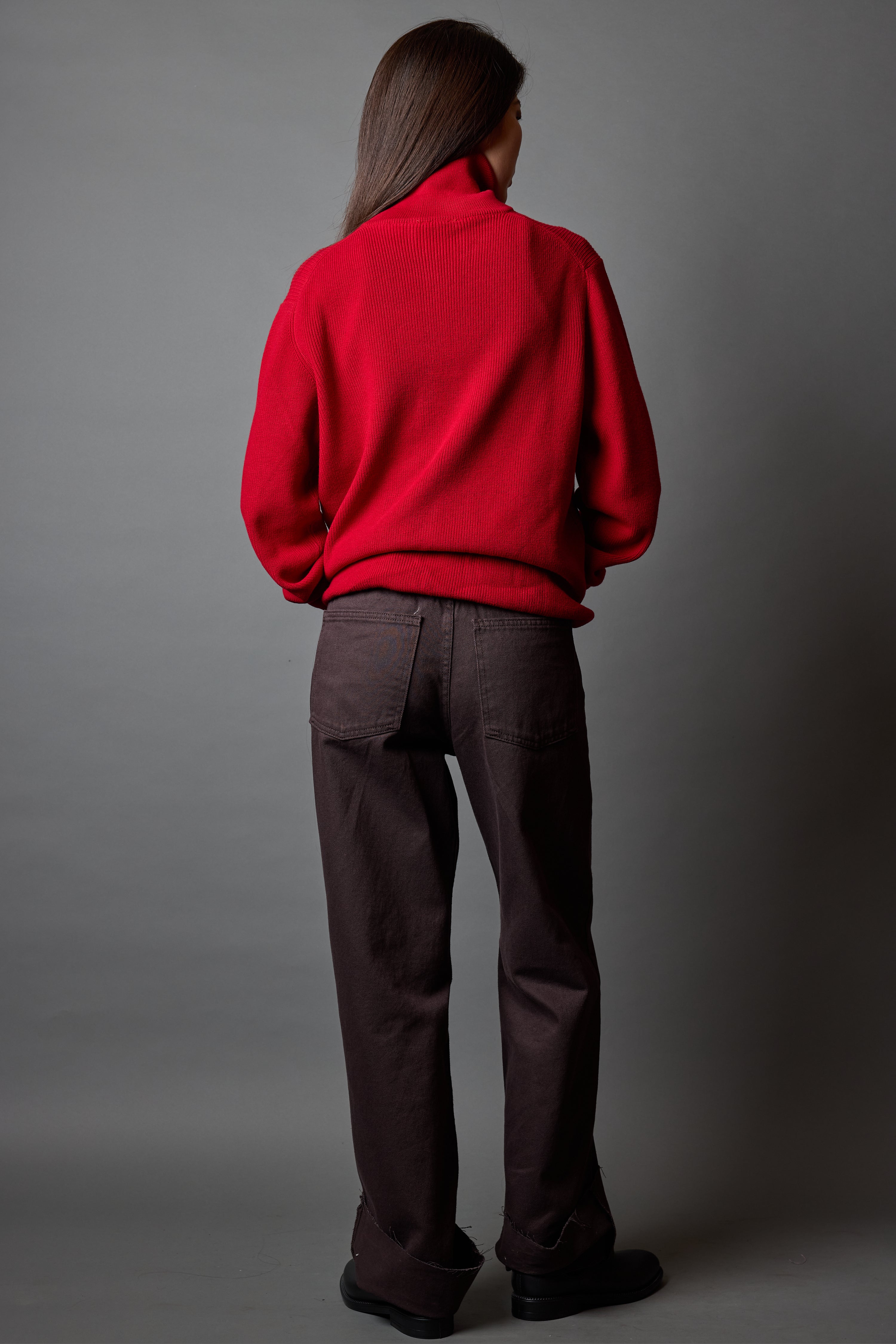 COTTON HIGH COLLAR ZIPPERED UNISEX SWEATER RED