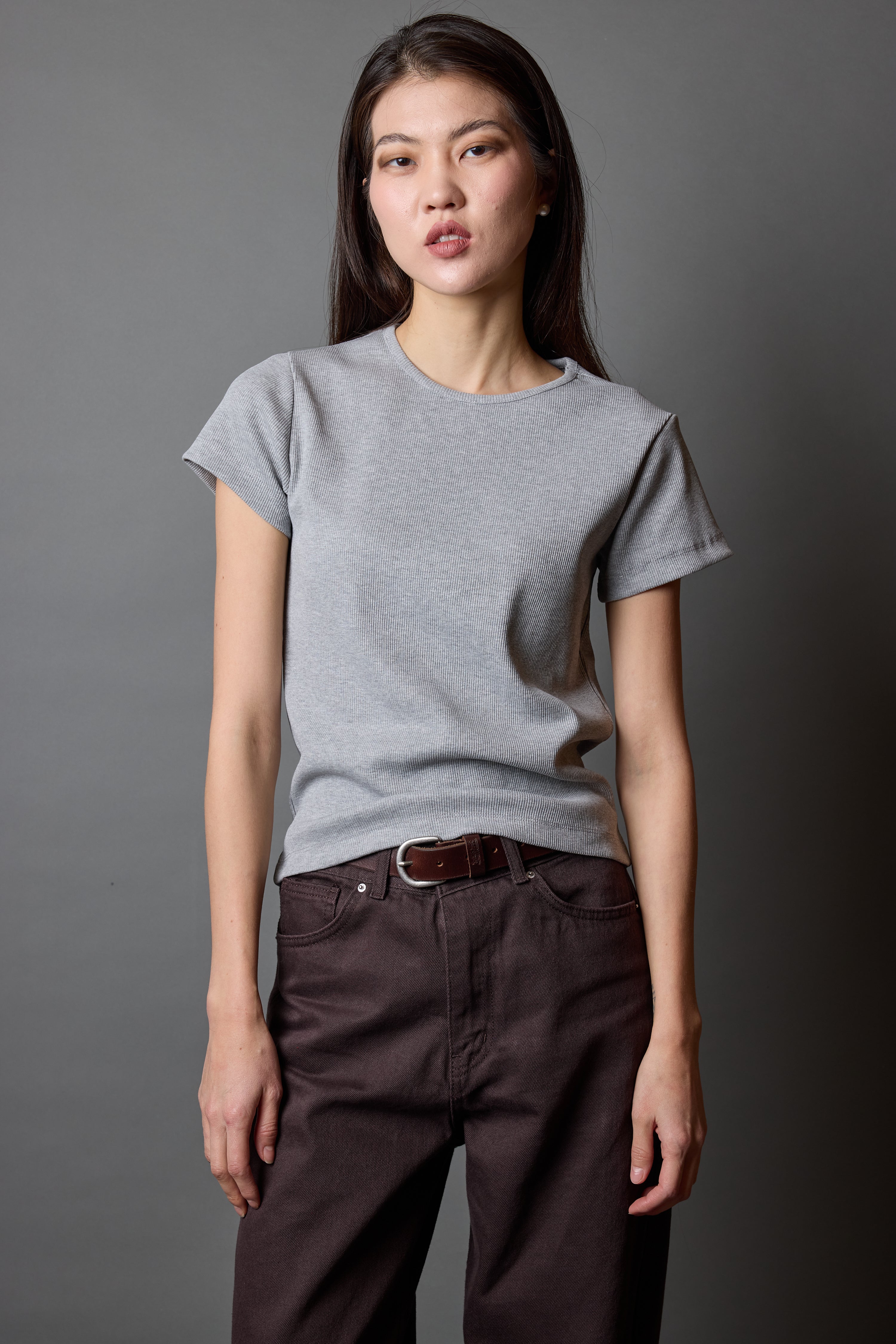 FITILLI KISA KOLLU PAMUK T-SHIRT GRI