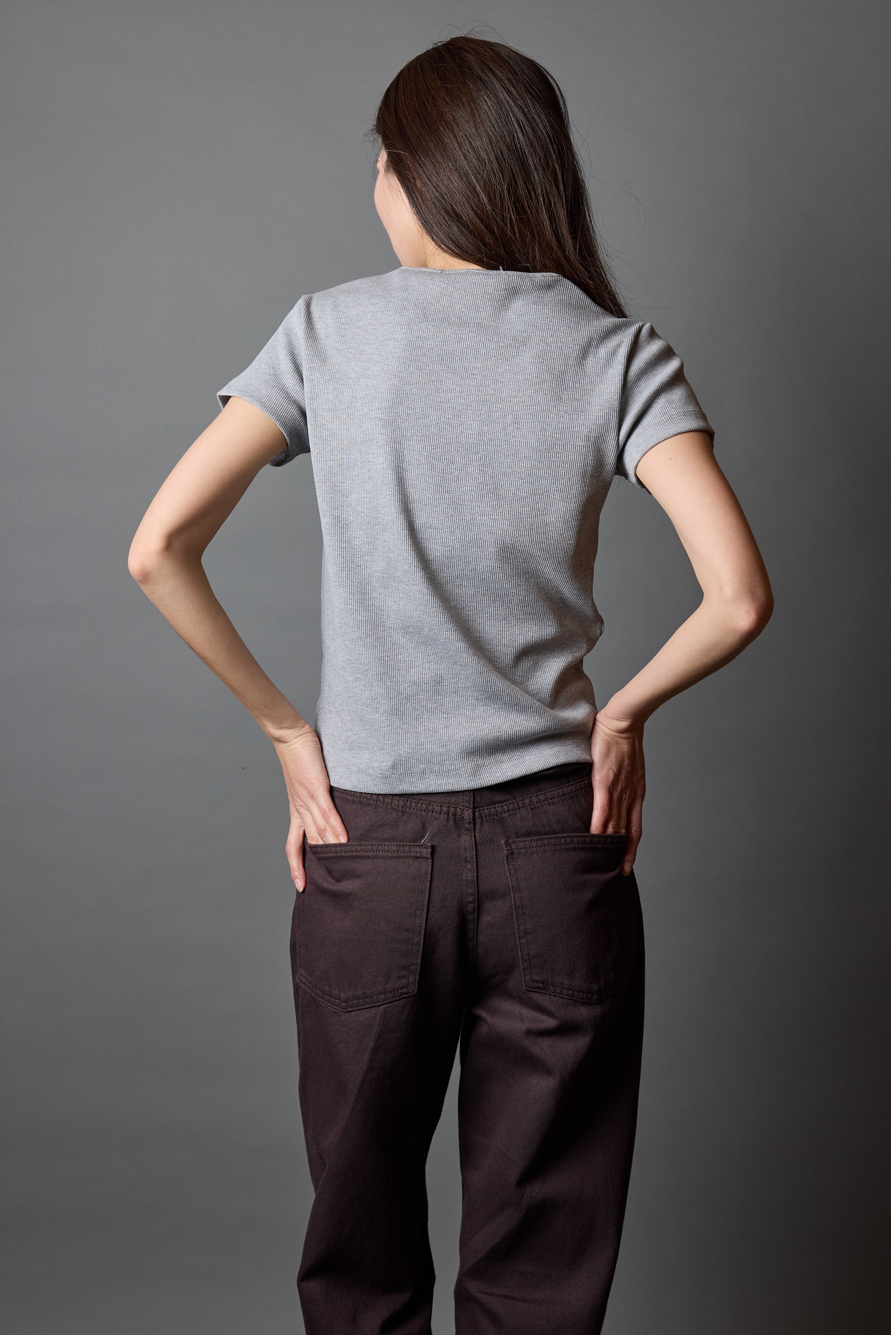 FITILLI KISA KOLLU PAMUK T-SHIRT GRI