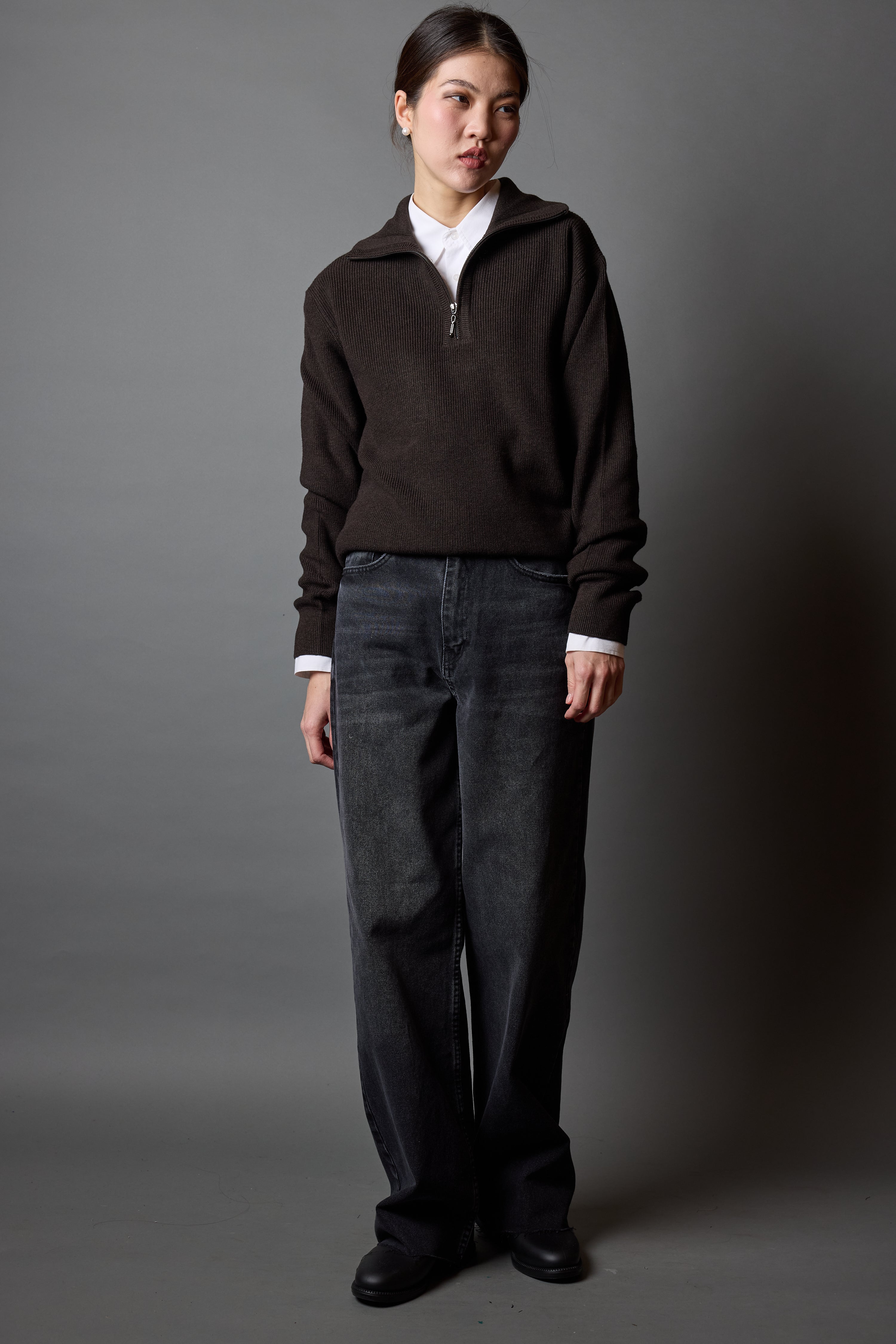 PAMUK YUKSEK YAKA FERMUARLI UNISEX KAZAK KAHVE