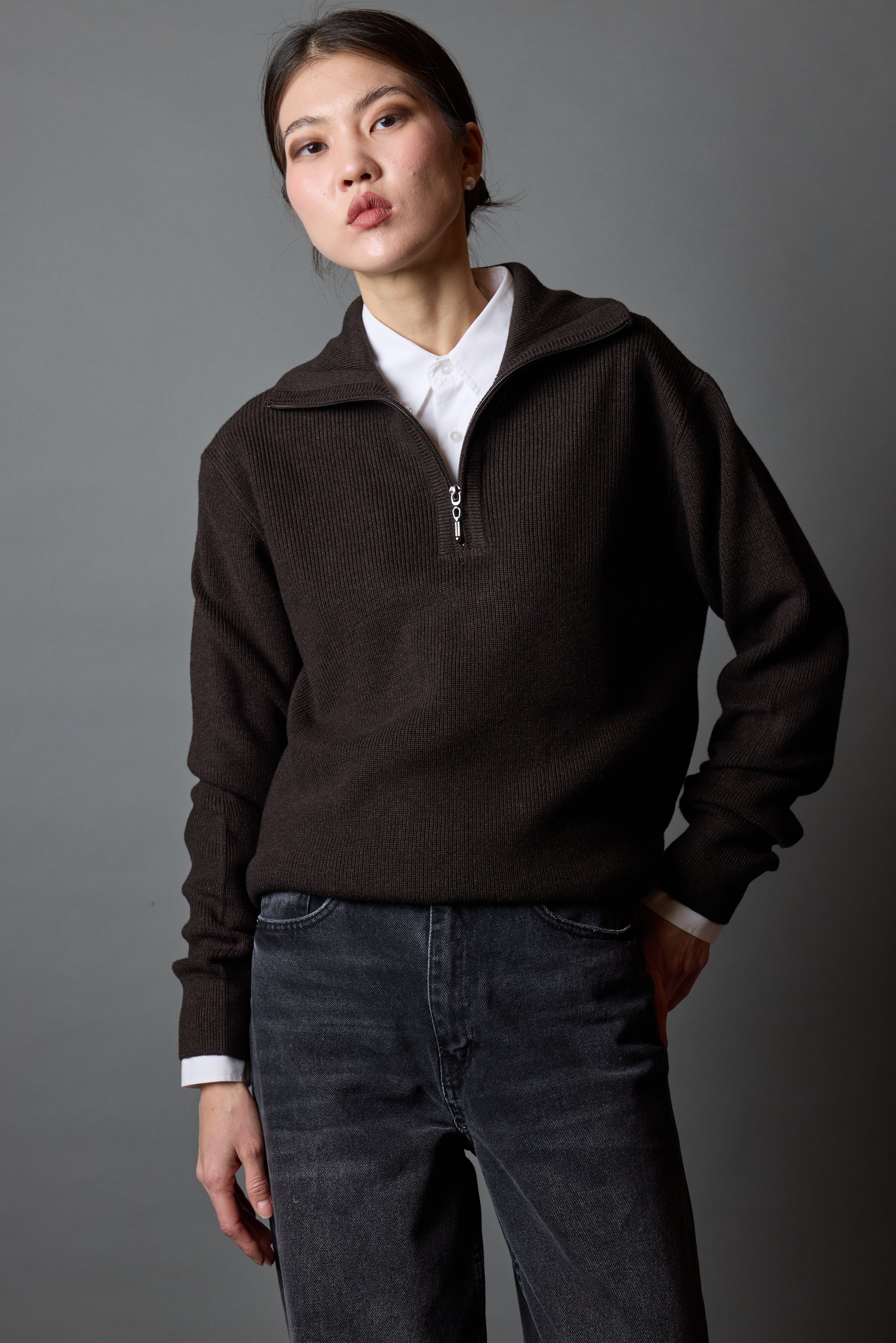 PAMUK YUKSEK YAKA FERMUARLI UNISEX KAZAK KAHVE