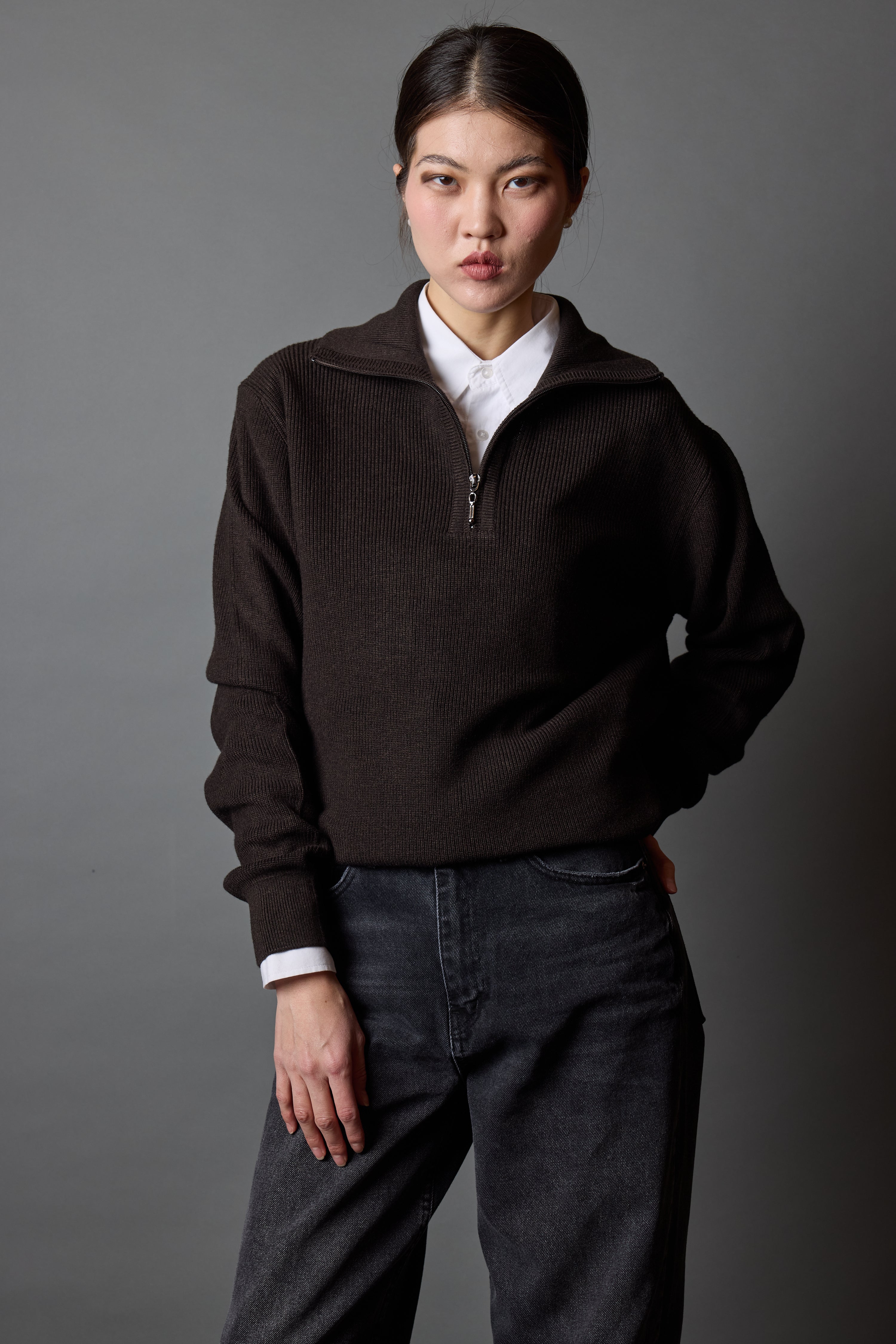 PAMUK YUKSEK YAKA FERMUARLI UNISEX KAZAK KAHVE