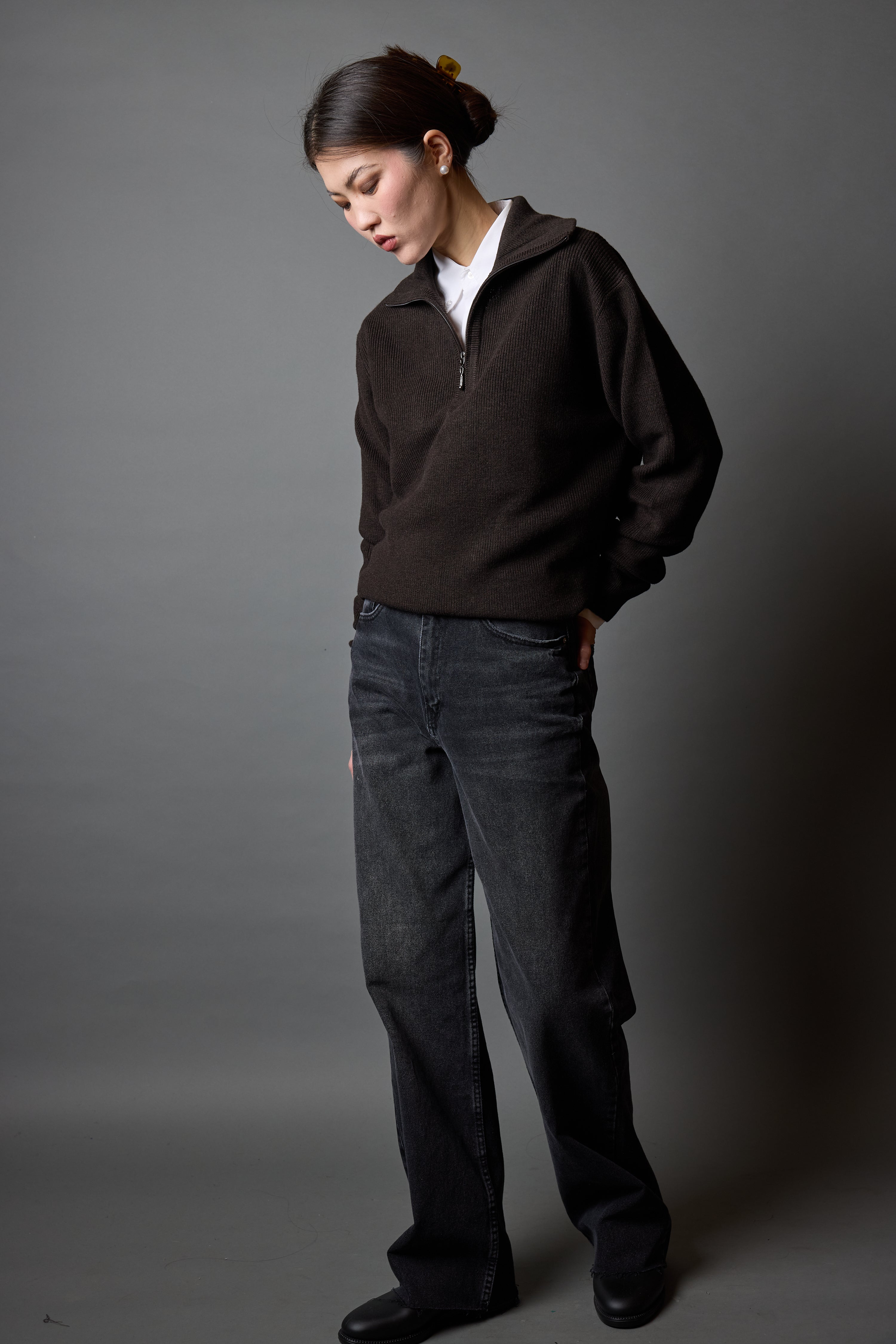 PAMUK YUKSEK YAKA FERMUARLI UNISEX KAZAK KAHVE