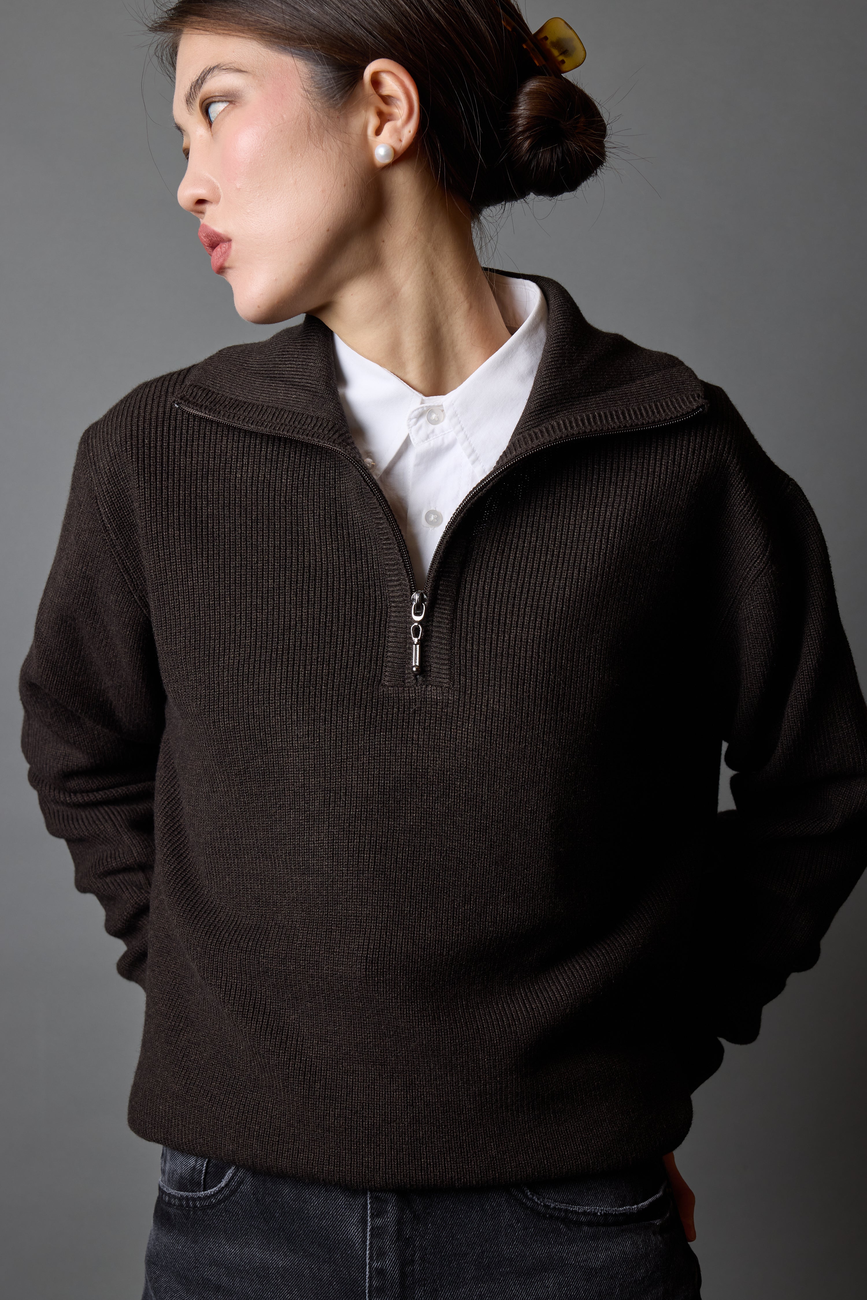 PAMUK YUKSEK YAKA FERMUARLI UNISEX KAZAK KAHVE