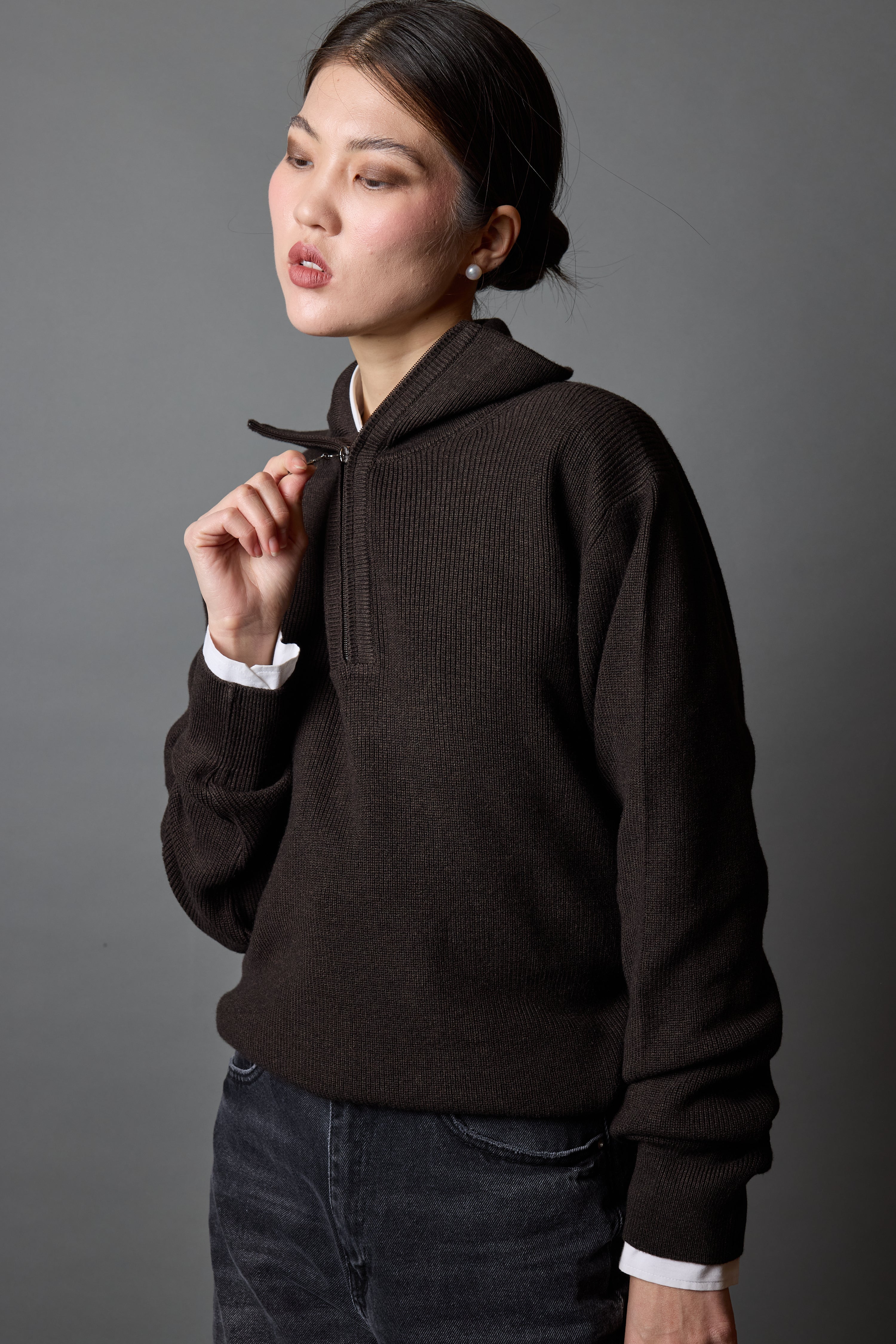 PAMUK YUKSEK YAKA FERMUARLI UNISEX KAZAK KAHVE