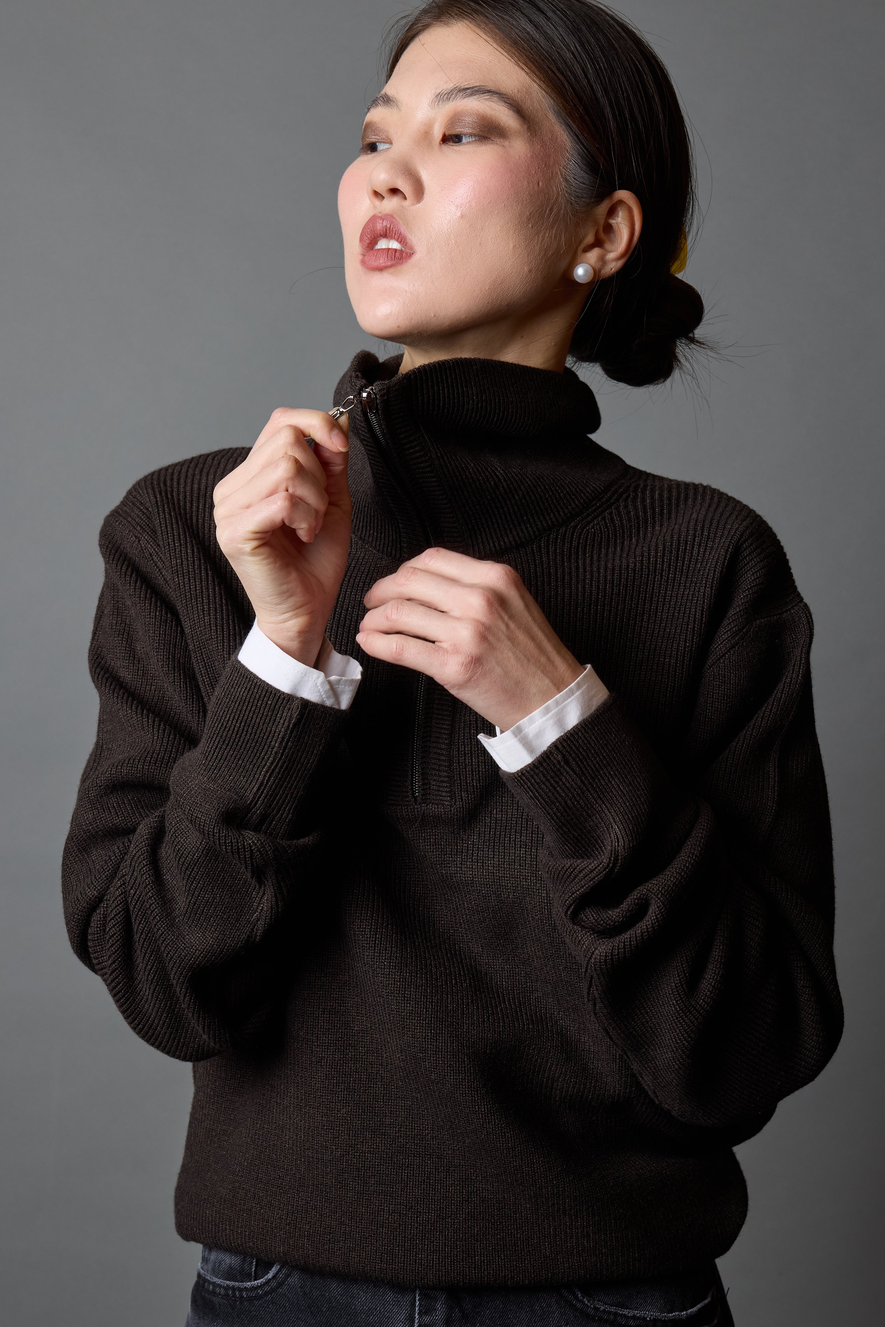 PAMUK YUKSEK YAKA FERMUARLI UNISEX KAZAK KAHVE