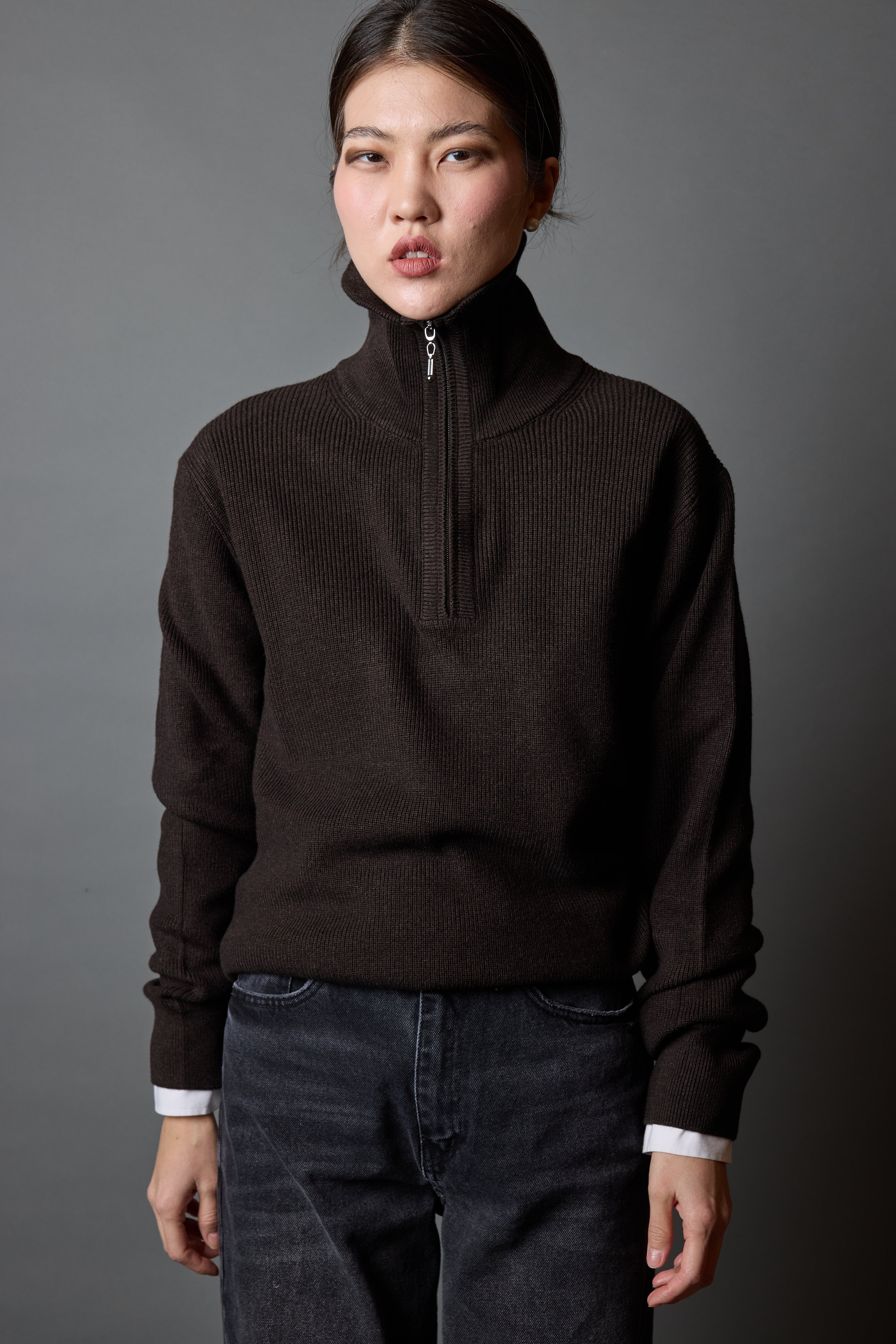 PAMUK YUKSEK YAKA FERMUARLI UNISEX KAZAK KAHVE