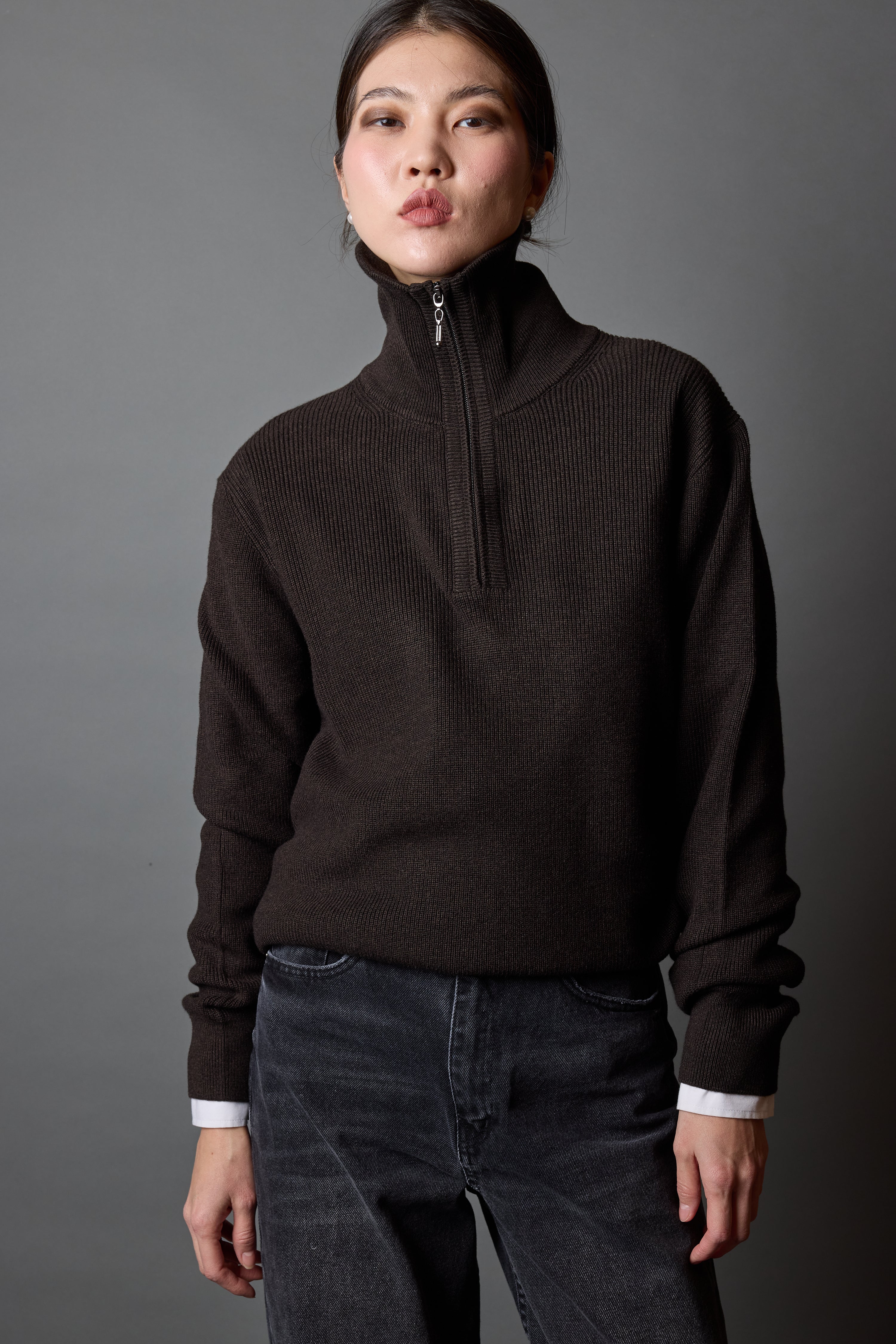 PAMUK YUKSEK YAKA FERMUARLI UNISEX KAZAK KAHVE