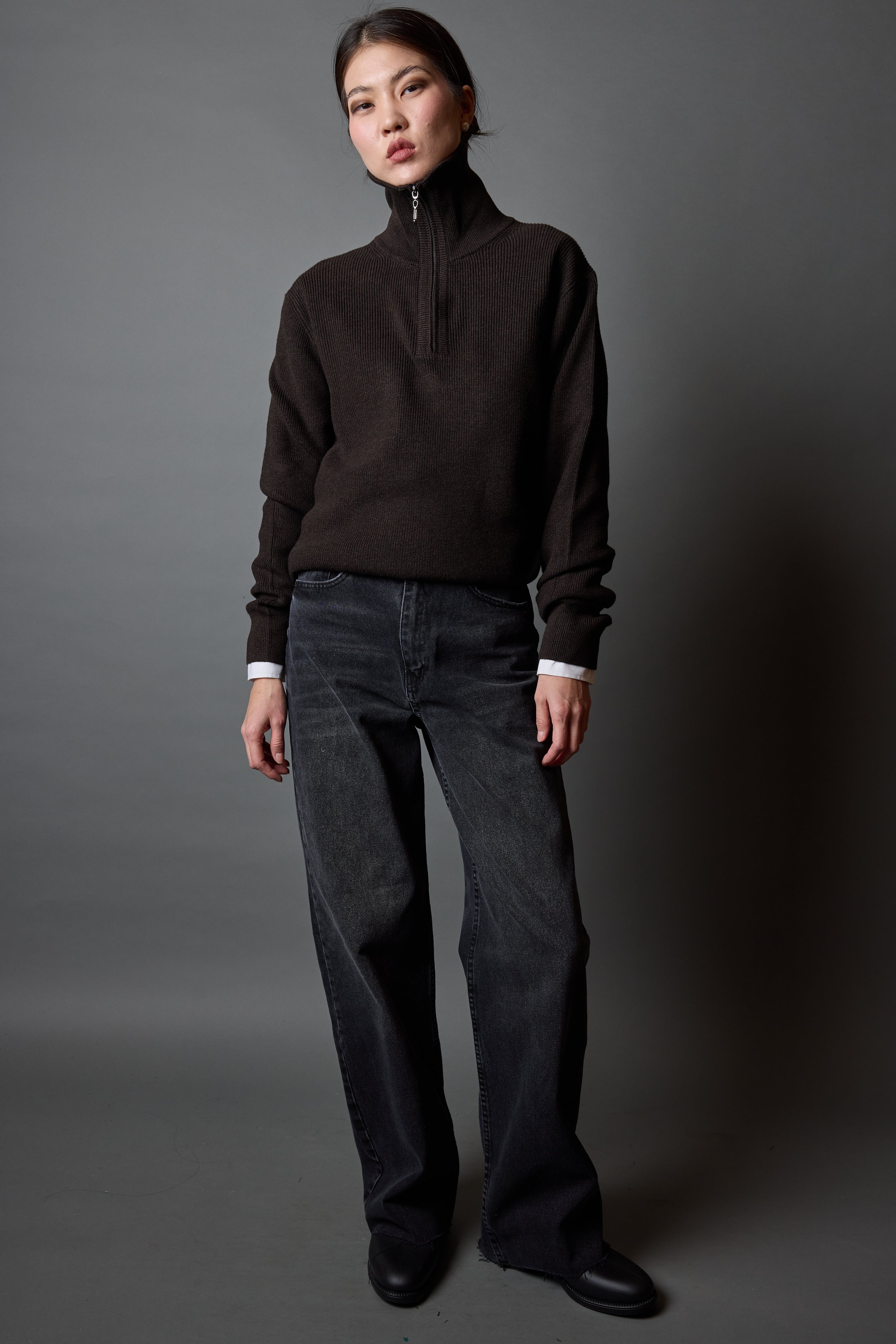 PAMUK YUKSEK YAKA FERMUARLI UNISEX KAZAK KAHVE