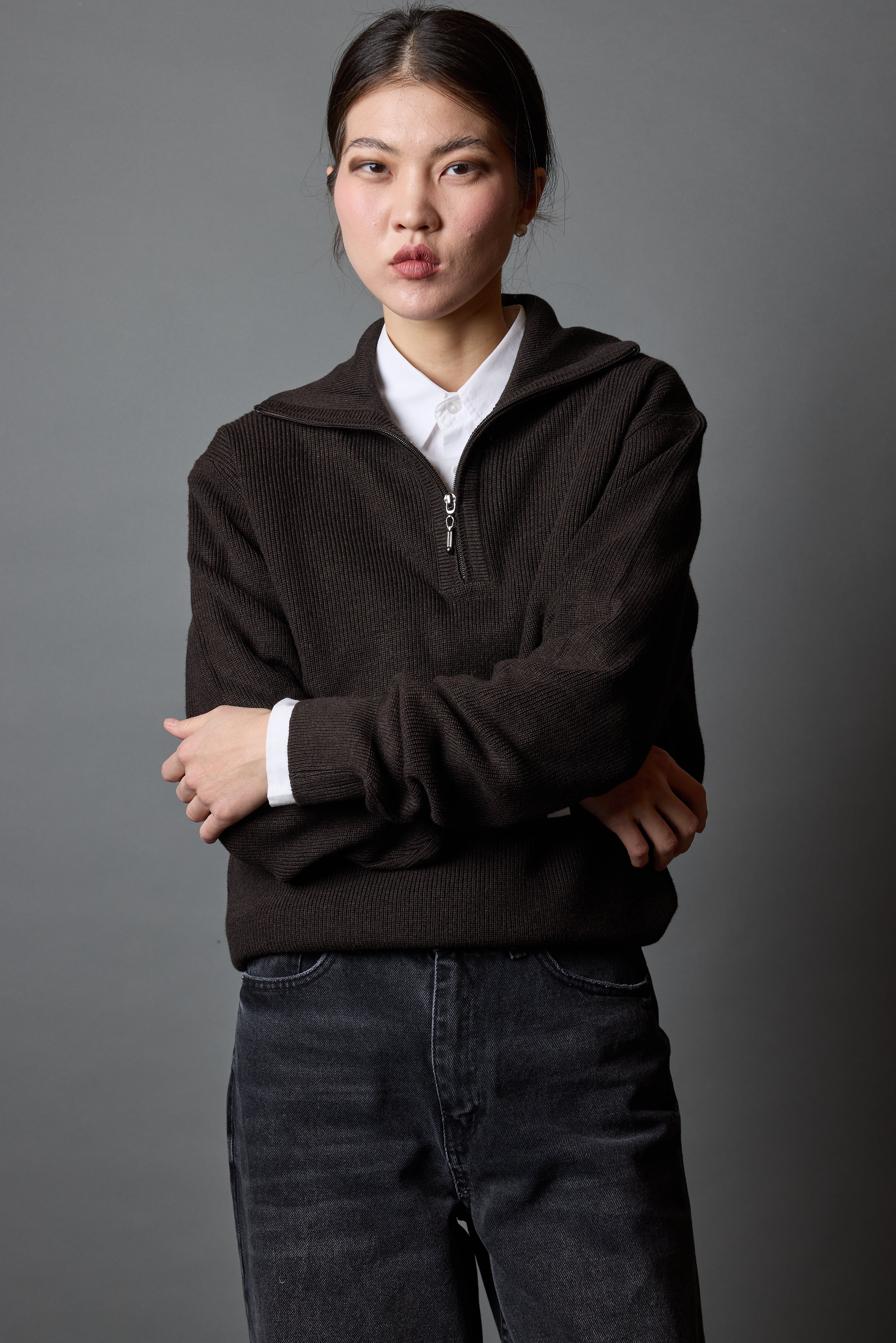 PAMUK YUKSEK YAKA FERMUARLI UNISEX KAZAK KAHVE