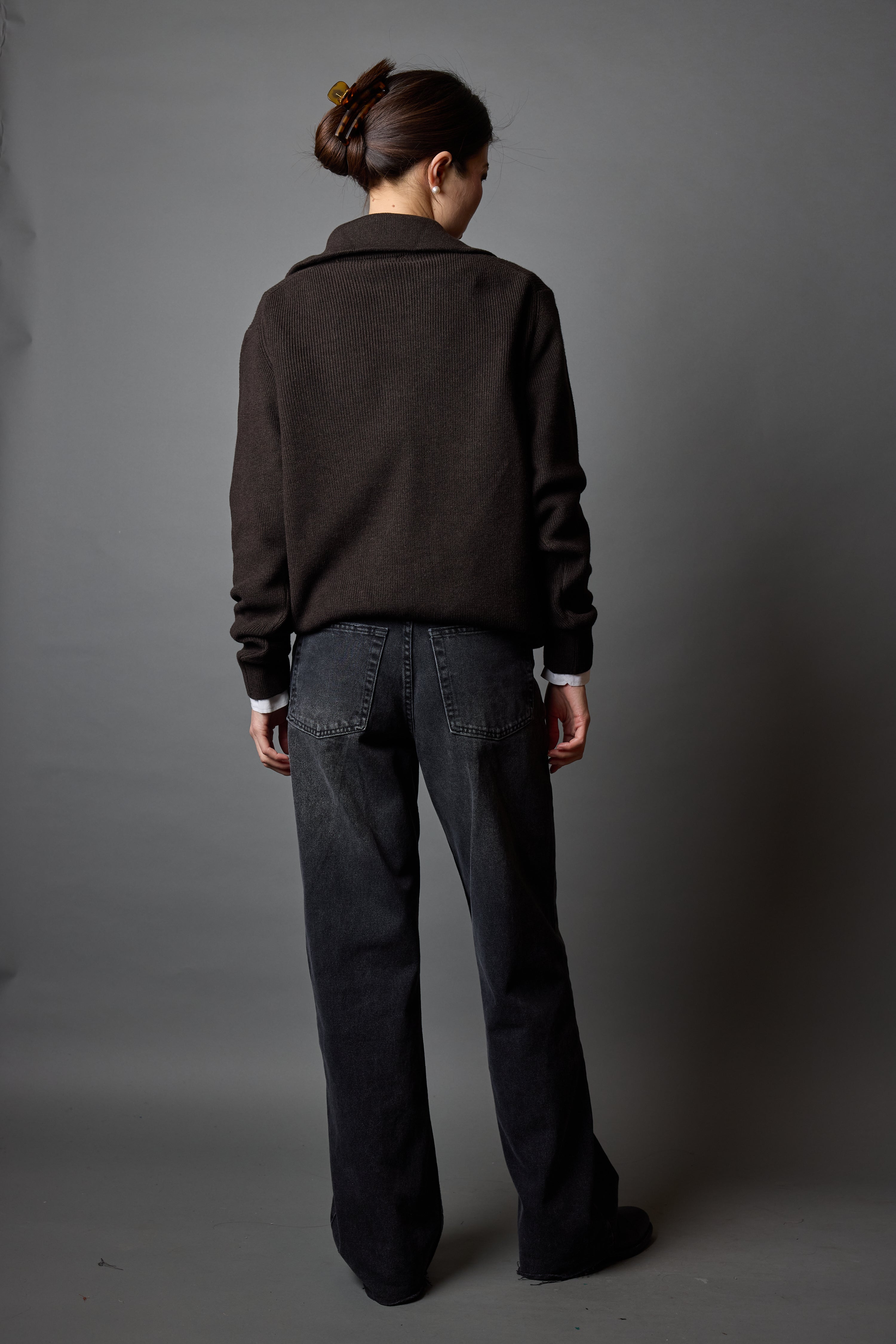 PAMUK YUKSEK YAKA FERMUARLI UNISEX KAZAK KAHVE