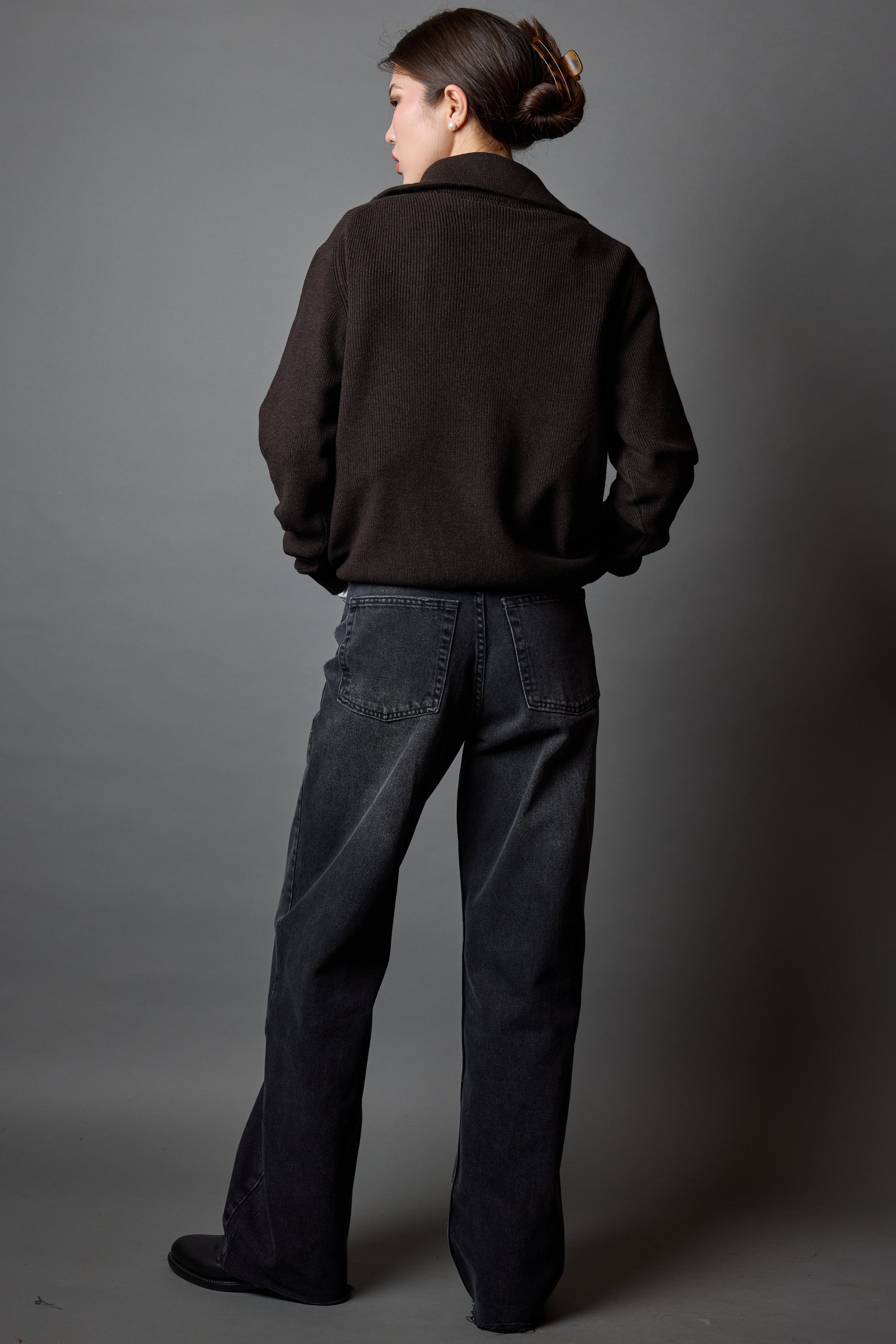 PAMUK YUKSEK YAKA FERMUARLI UNISEX KAZAK KAHVE