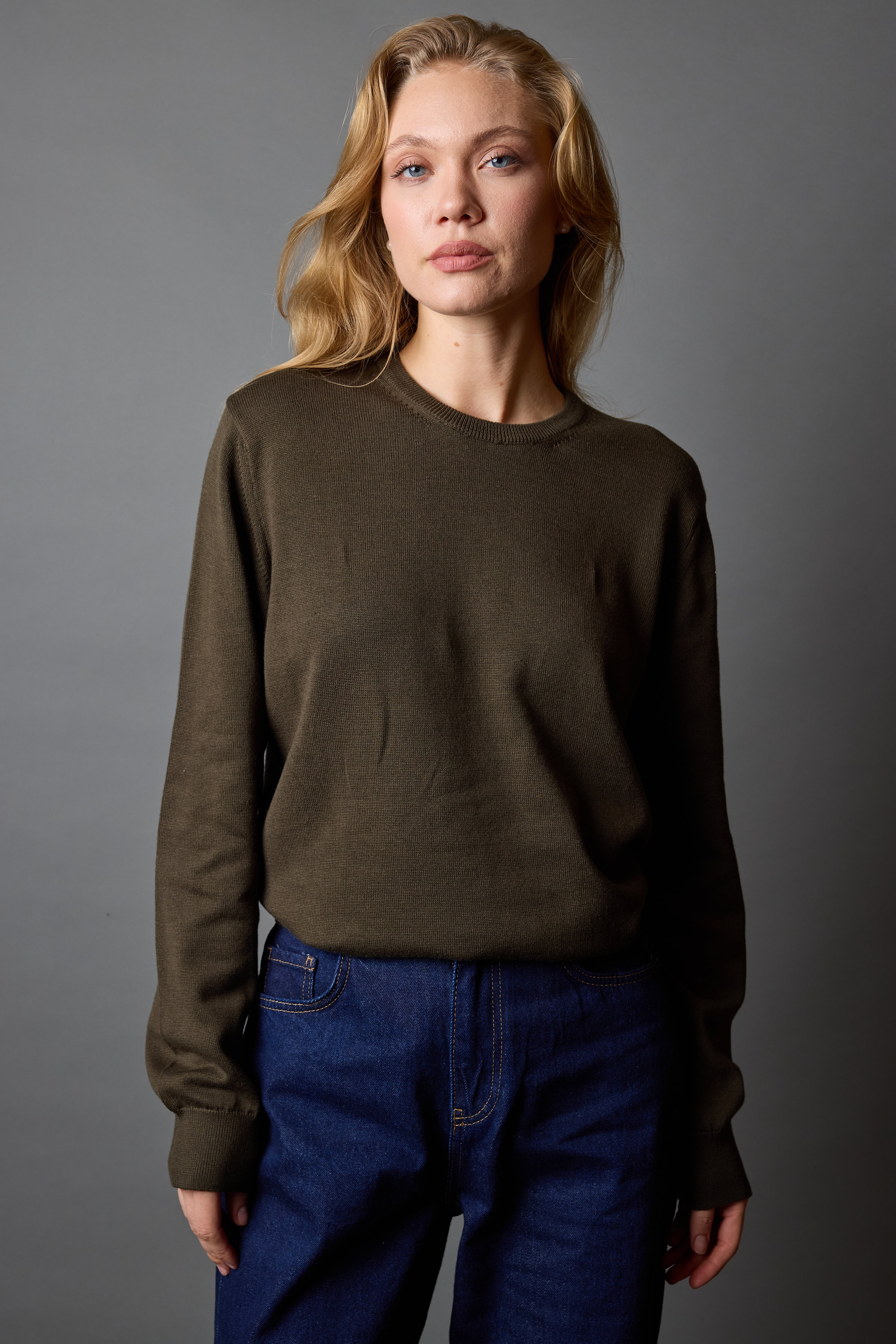 COTTON CREW NECK UNISEX SWEATER KHAKI