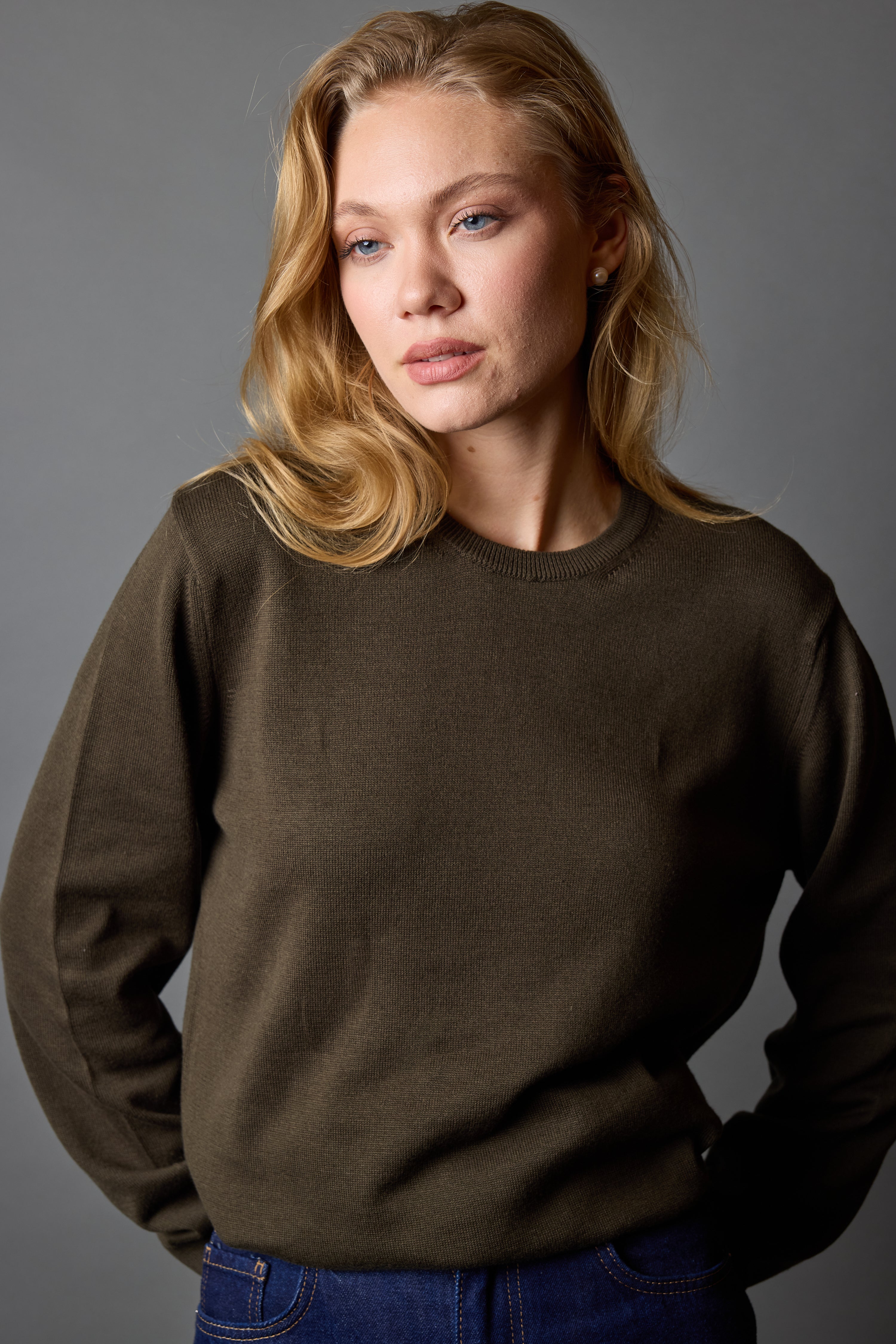 COTTON CREW NECK UNISEX SWEATER KHAKI