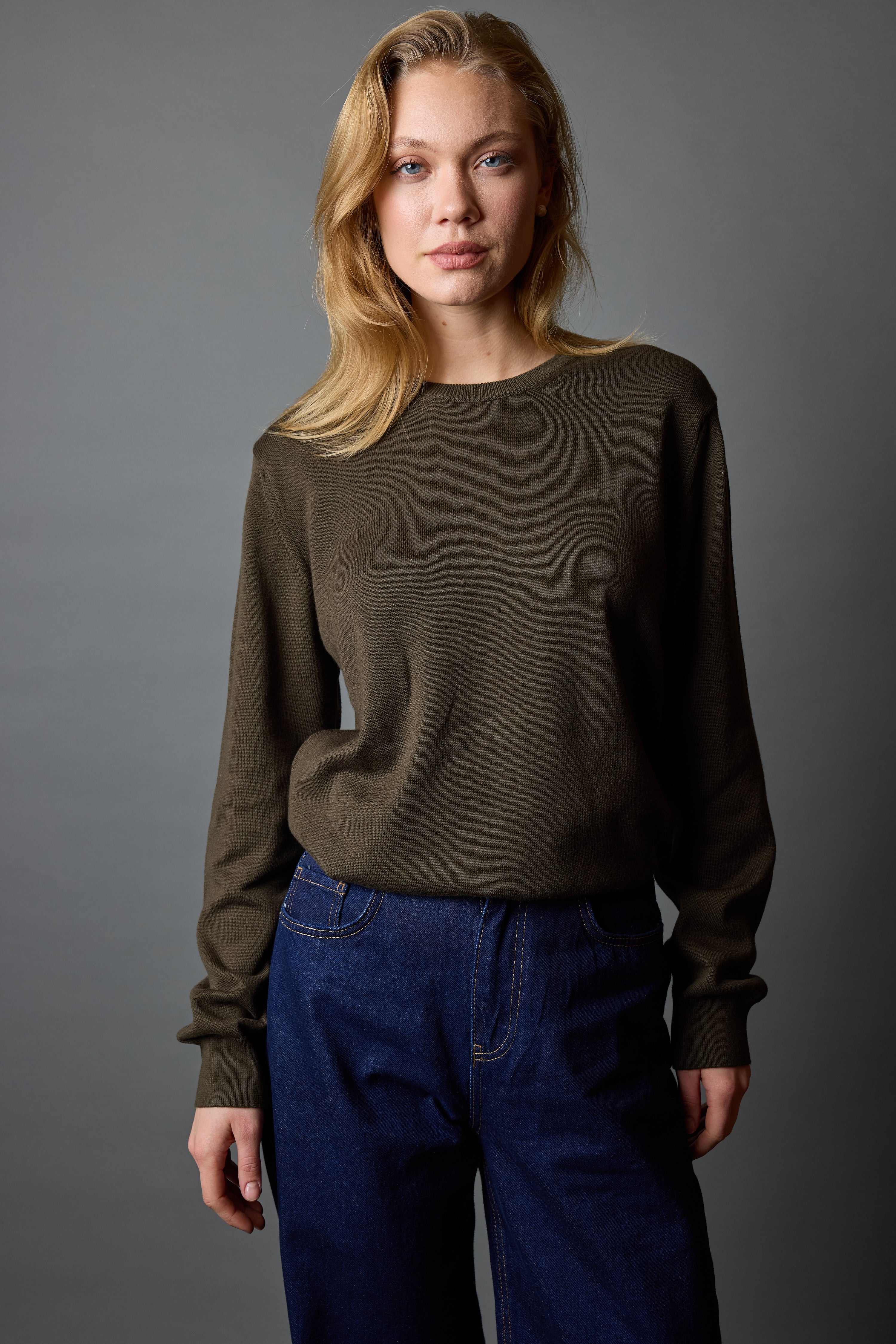 COTTON CREW NECK UNISEX SWEATER KHAKI