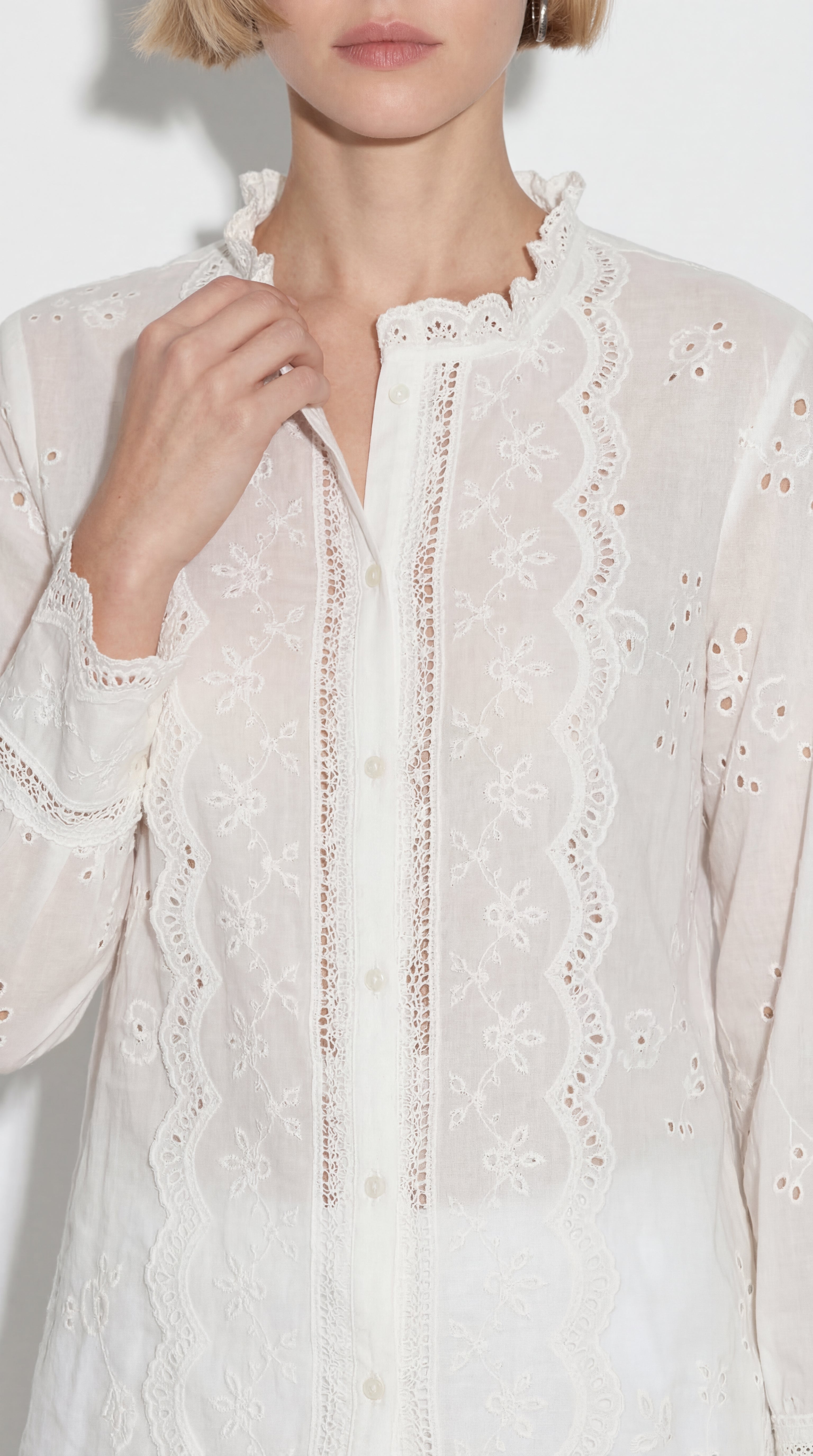 MARIA DANTEL DETAYLI FIRFIRLI PAMUK GOMLEK BEYAZ