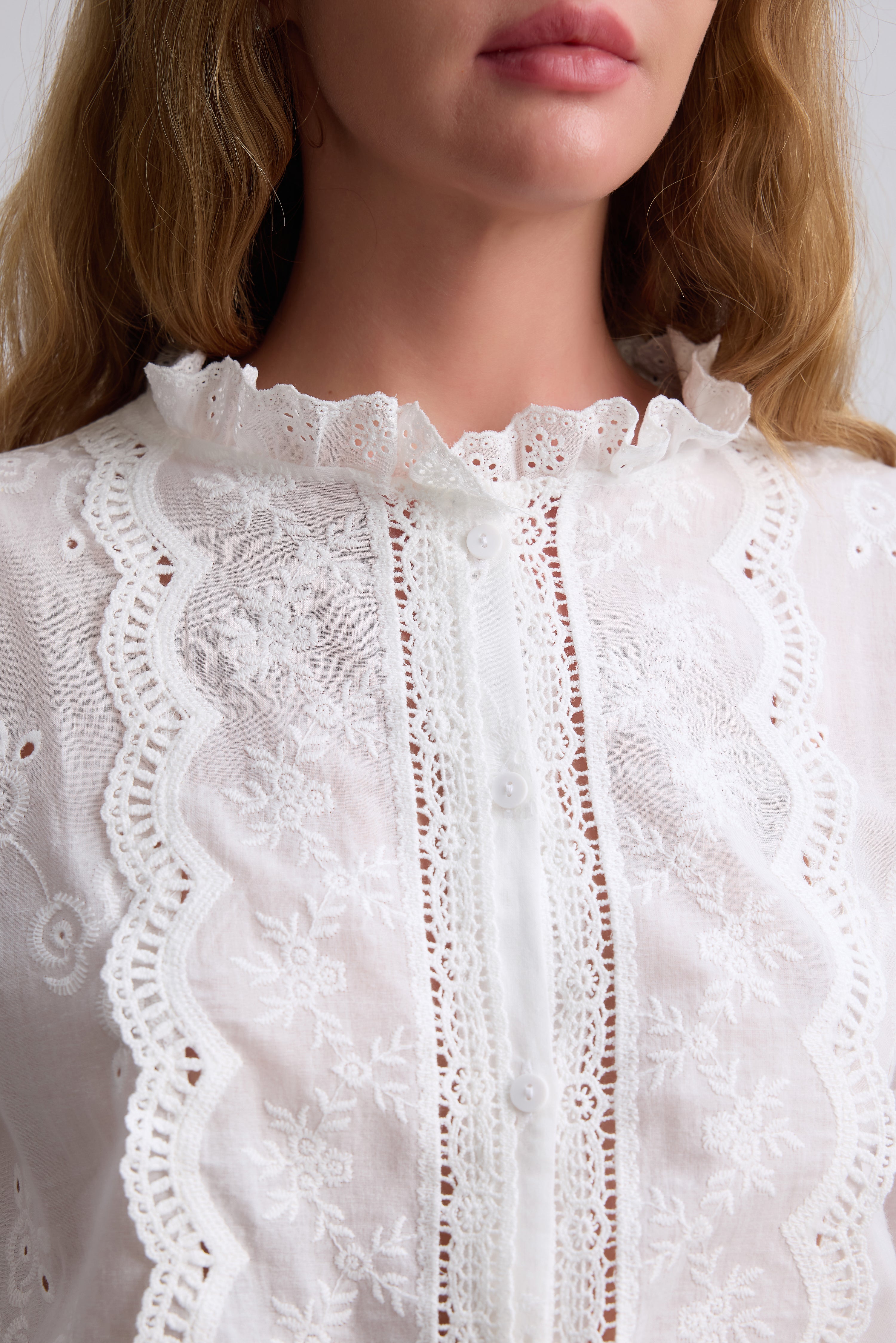 MARIA DANTEL DETAYLI FIRFIRLI PAMUK GOMLEK BEYAZ