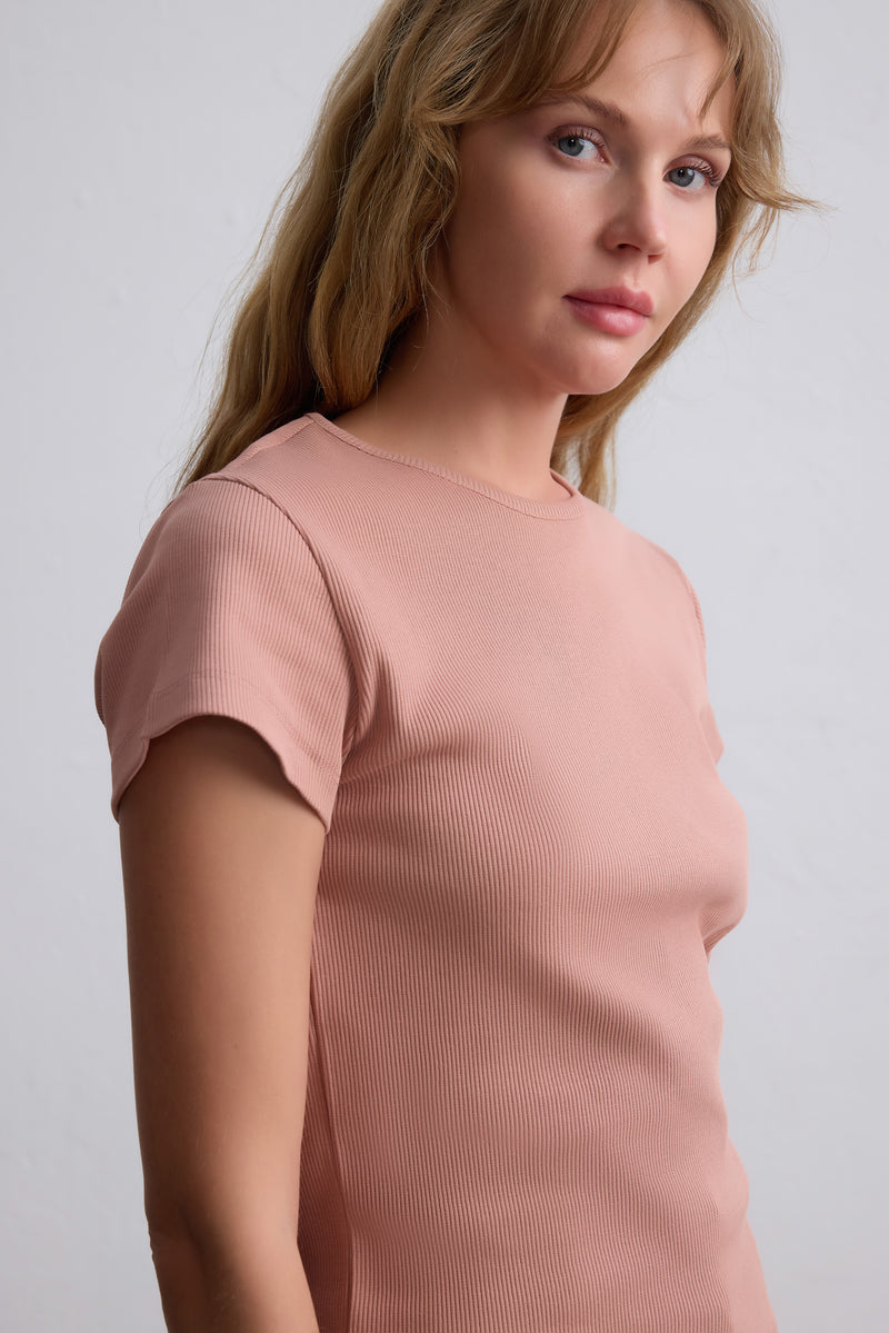 FITILLI KISA KOLLU PAMUK T-SHIRT ROSE