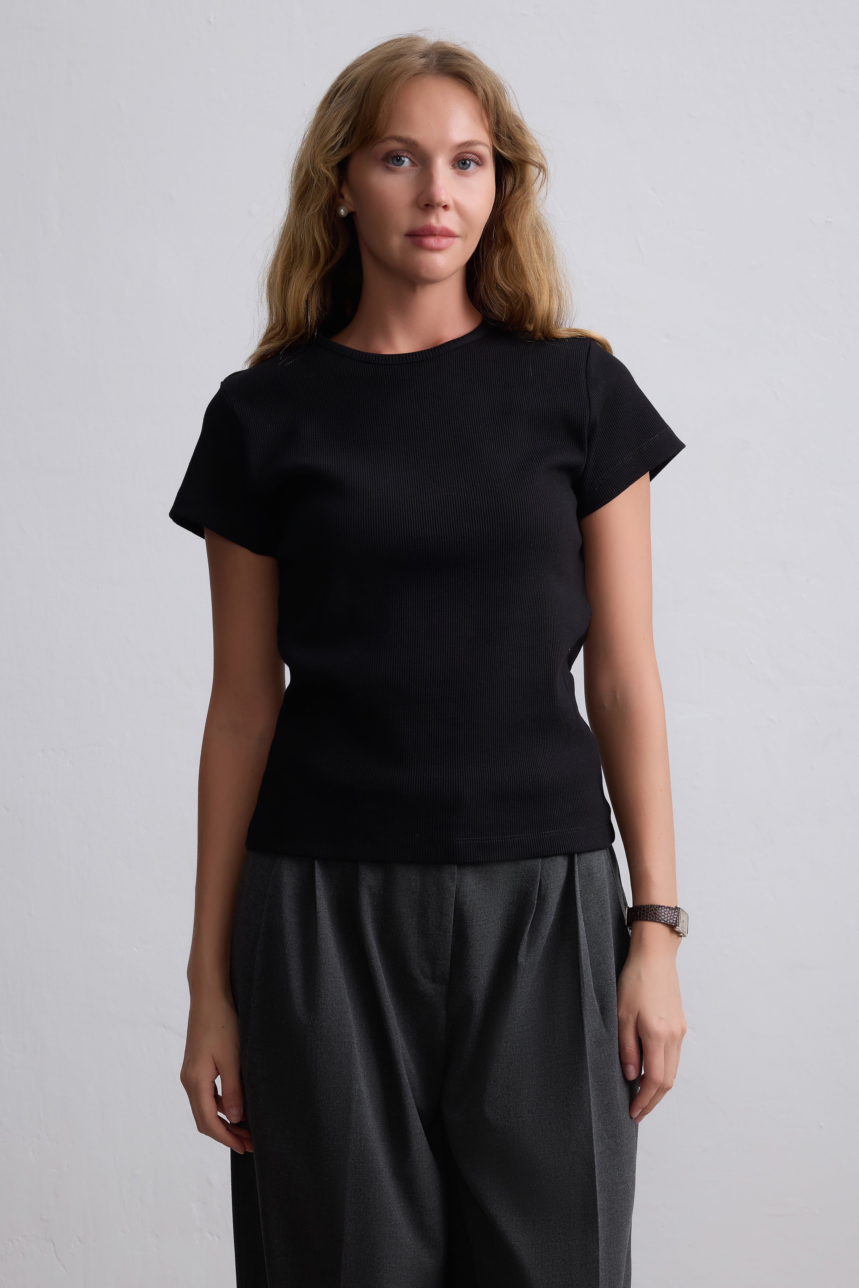 FITILLI KISA KOLLU PAMUK T-SHIRT SIYAH