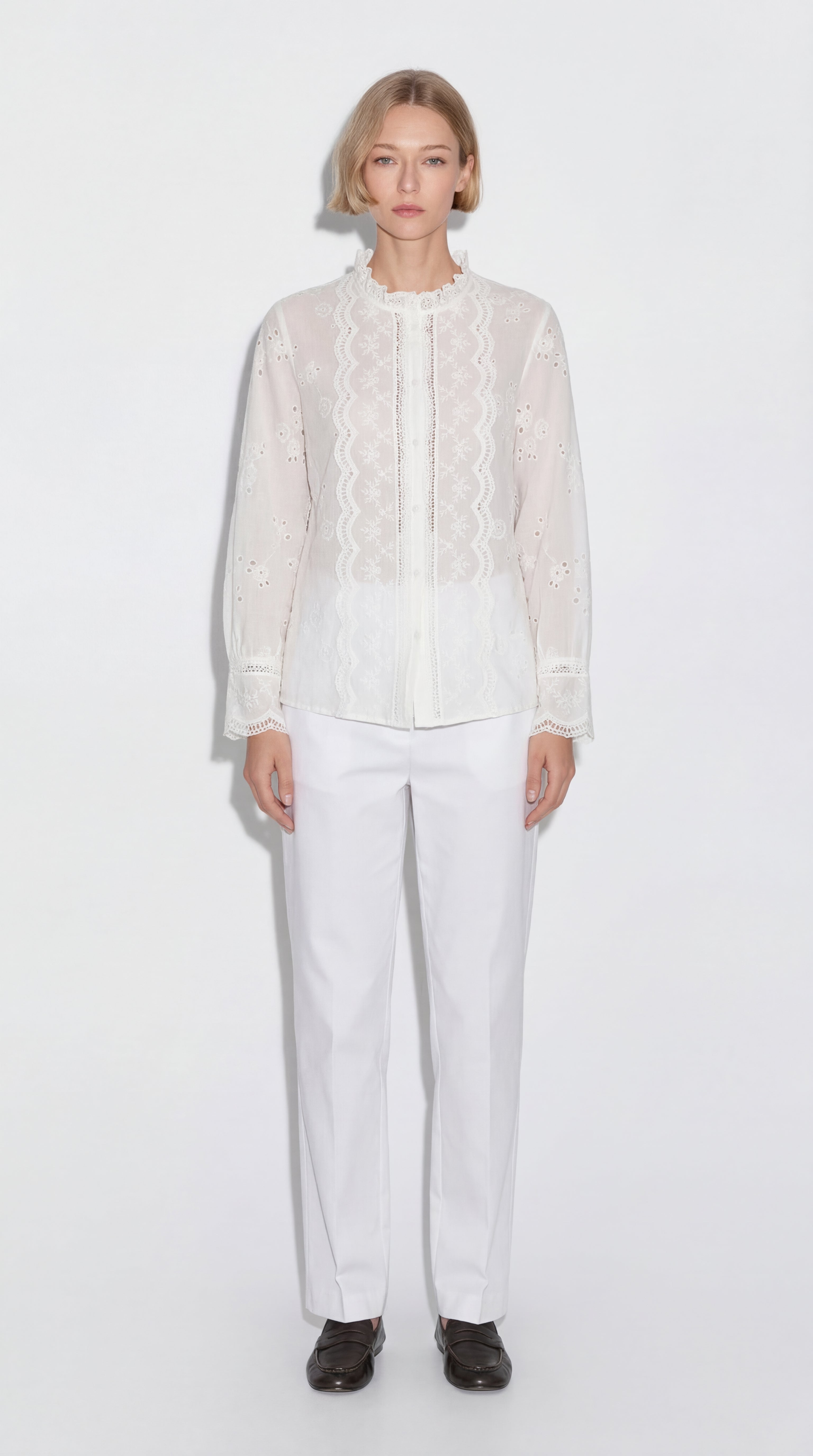 MARIA DANTEL DETAYLI FIRFIRLI PAMUK GOMLEK BEYAZ