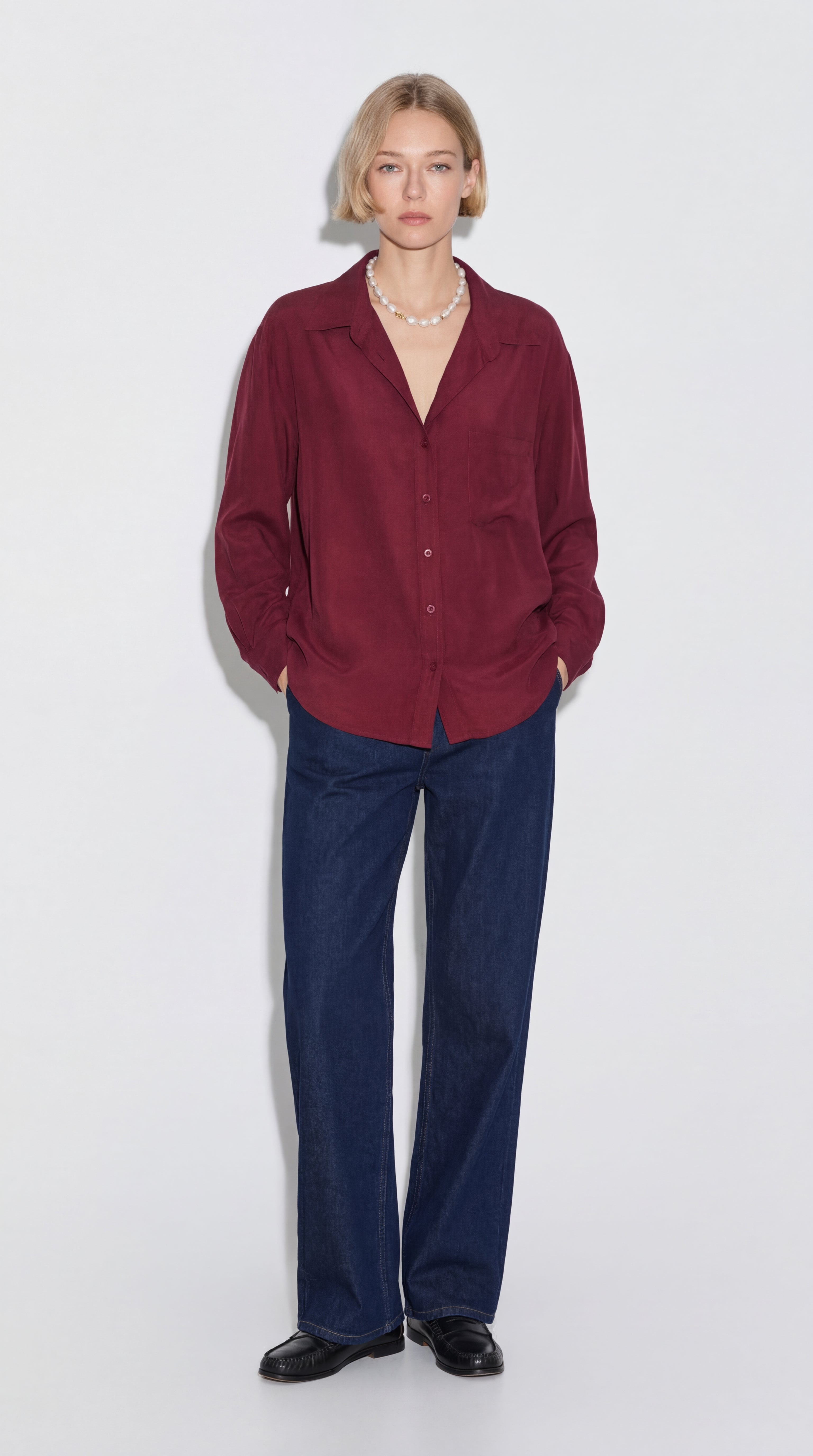 DOKUMLU CEPLI TENCEL GOMLEK CHERRY