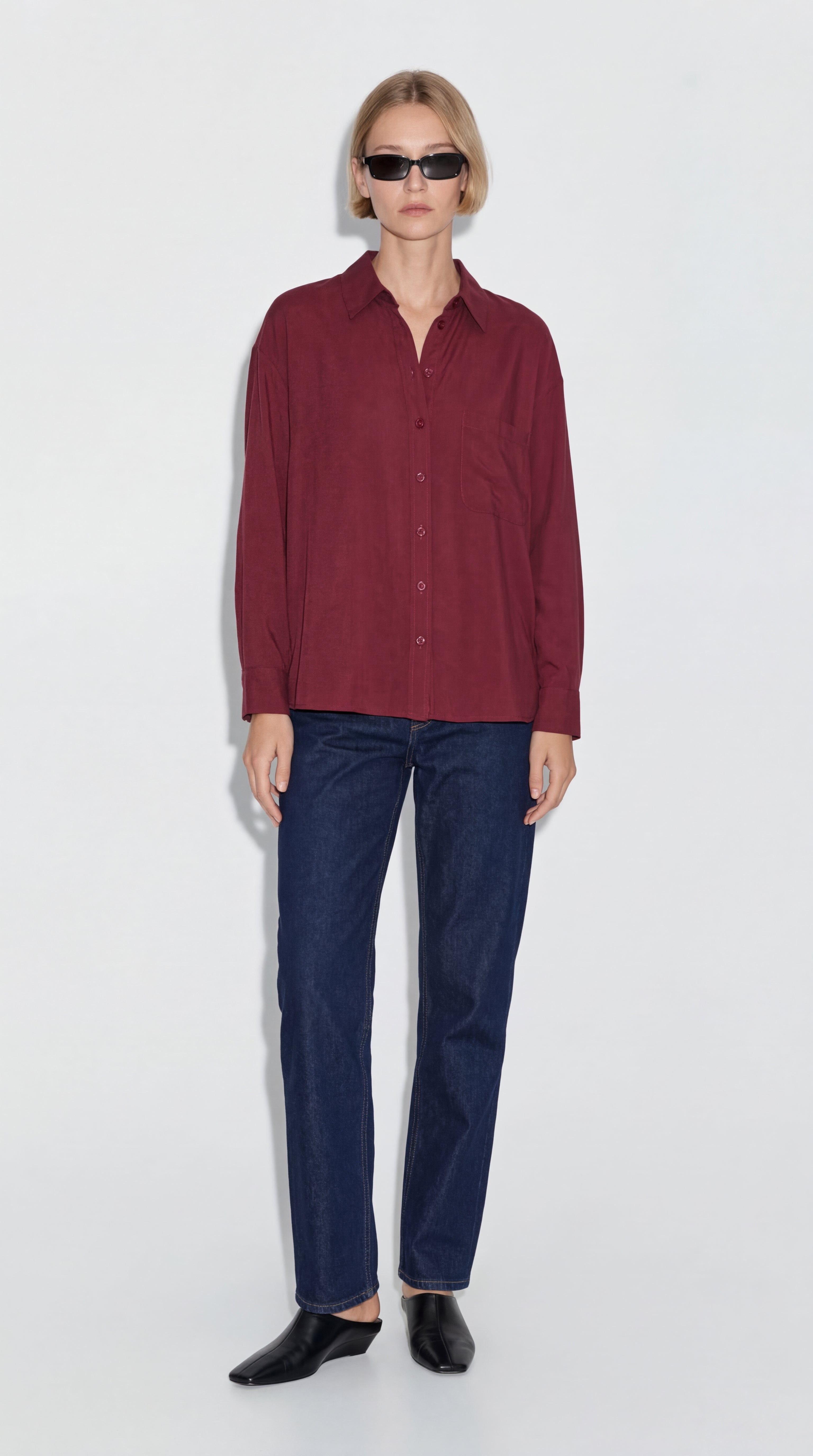 DOKUMLU CEPLI TENCEL GOMLEK CHERRY
