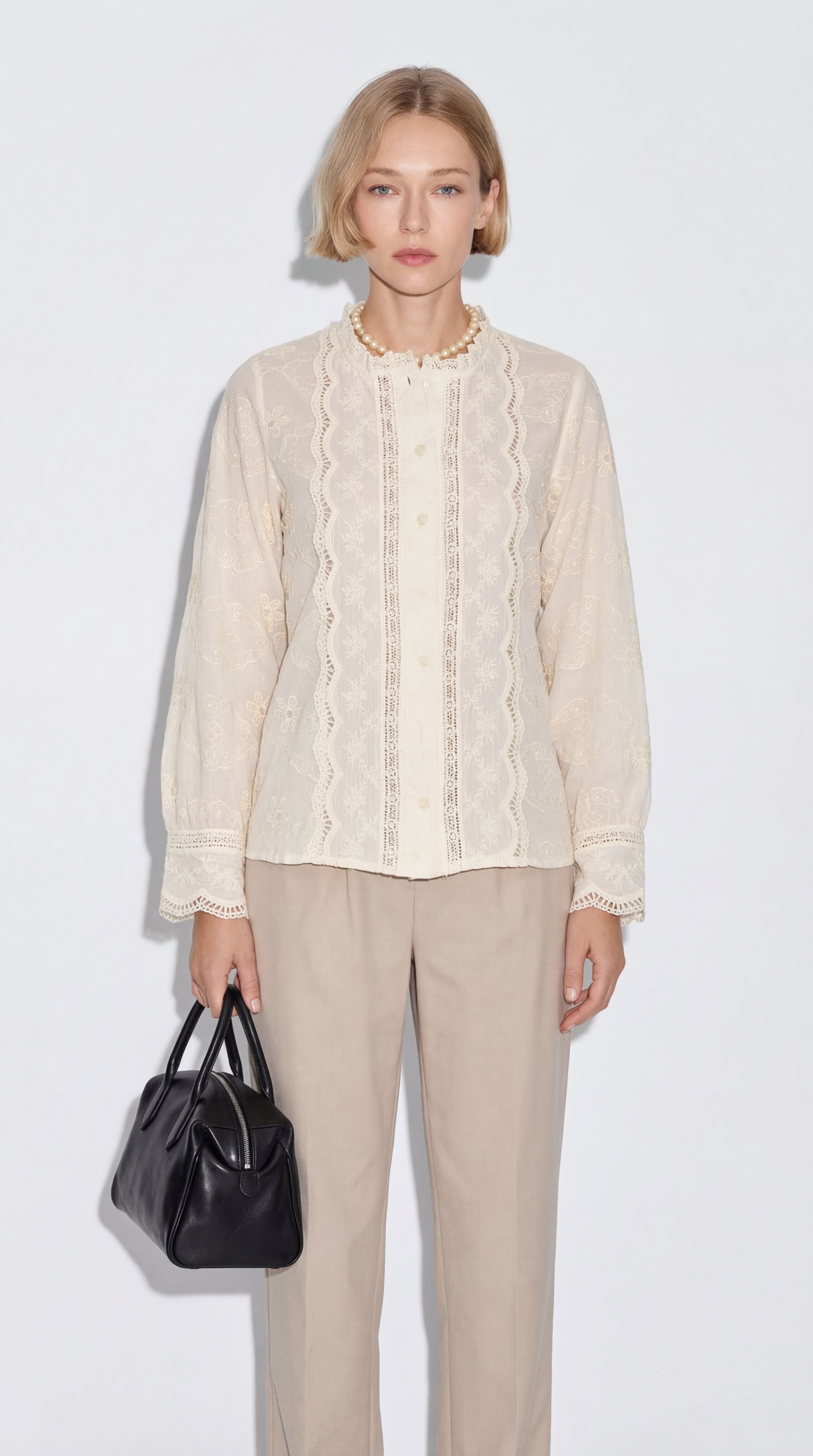 MARIA DANTEL DETAYLI FIRFIRLI PAMUK GOMLEK BEIGE