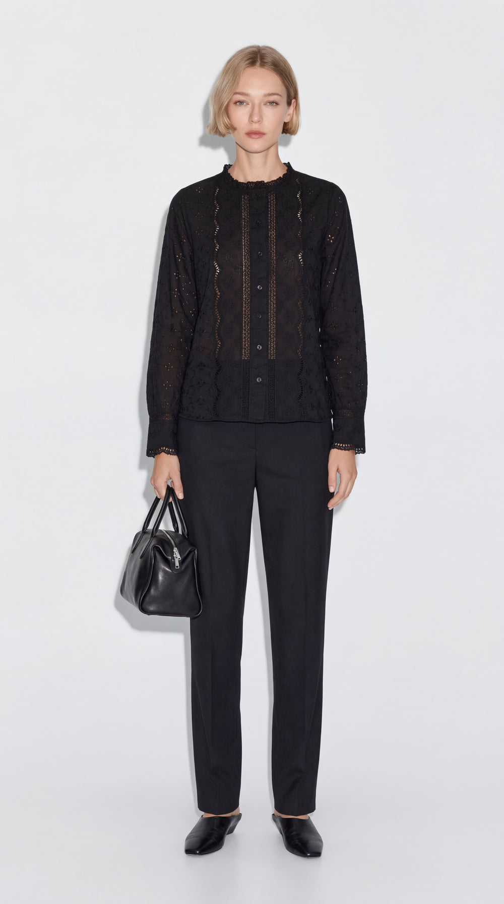 MARIA DANTEL DETAYLI FIRFIRLI PAMUK GOMLEK SIYAH