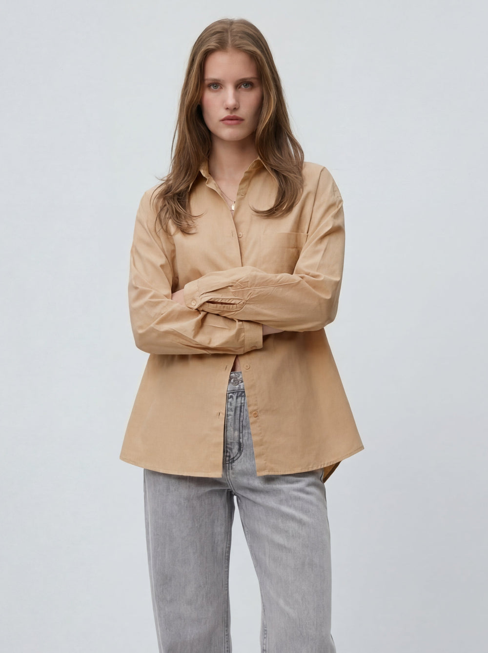 KLASIK YAKA OVERSIZE CEPLI GOMLEK BEJ