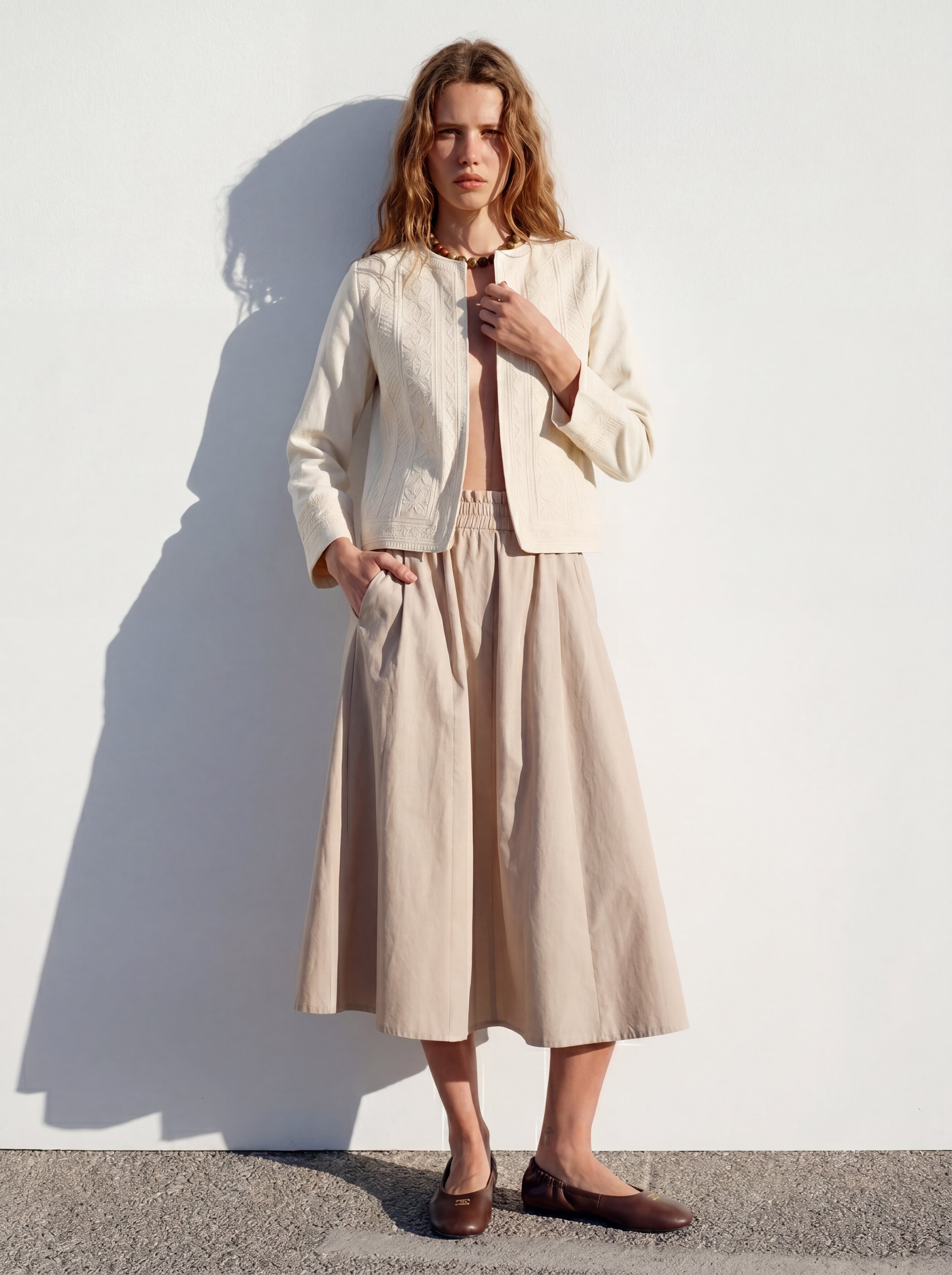 ELASTİK BEL BANTLI MIDI ETEK TAŞ RENGİ