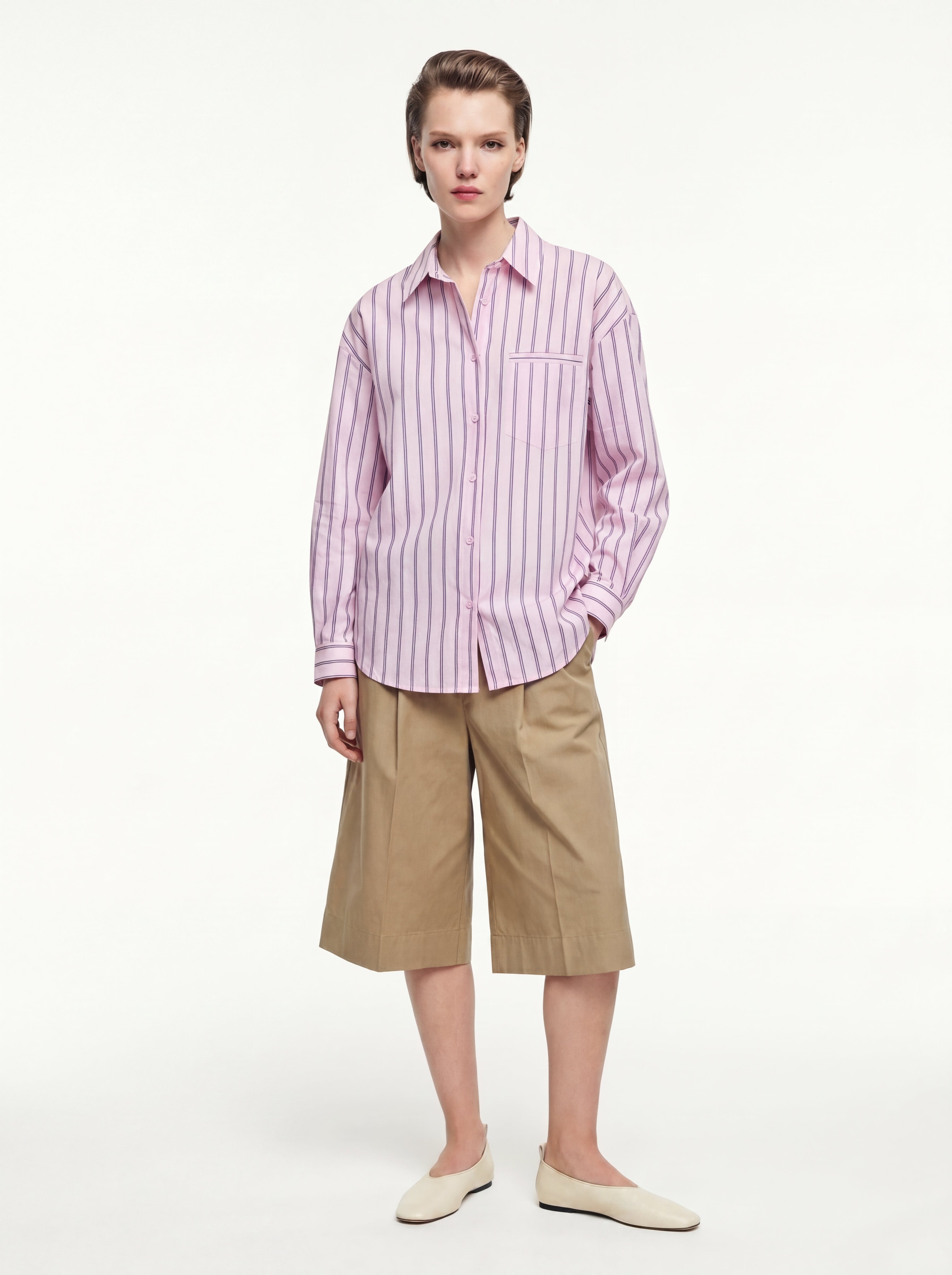 CEP DETAYLI CIZGILI POPLIN GOMLEK PEMBE