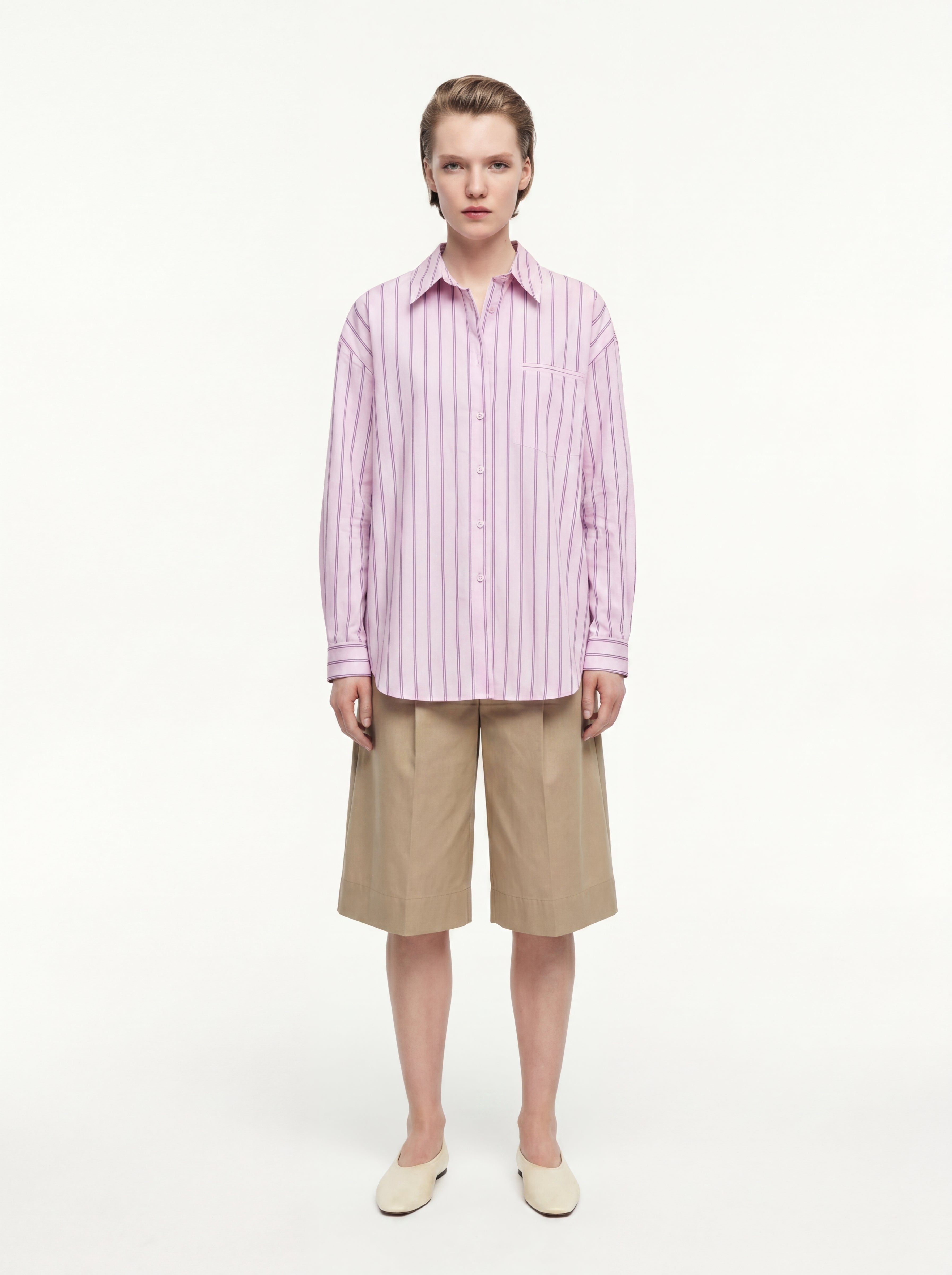 CEP DETAYLI CIZGILI POPLIN GOMLEK PEMBE