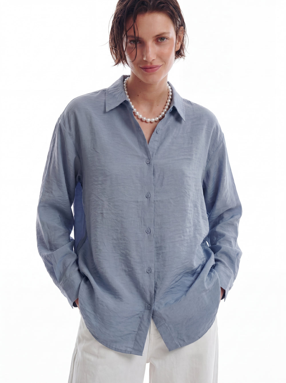 DOKUMLU TENSEL GOMLEK MAVI