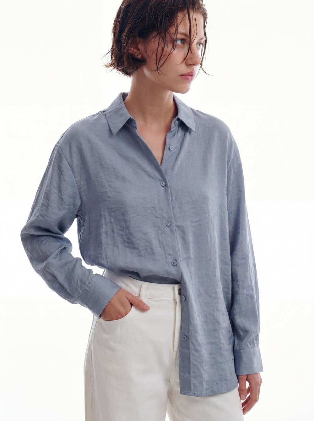 DOKUMLU TENSEL GOMLEK MAVI