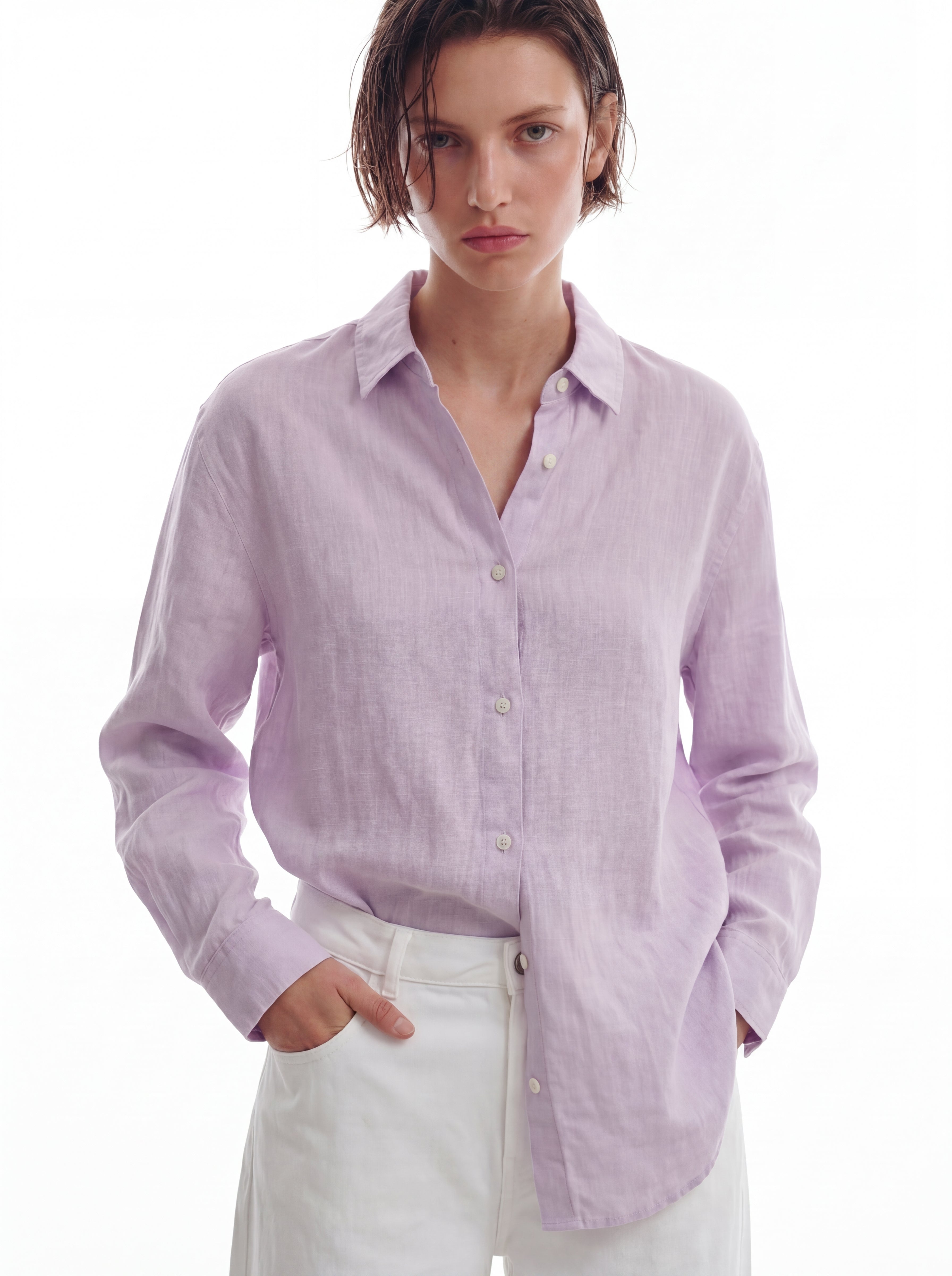 DOKUMLU %100 YIKANMIS KETEN GOMLEK LILA