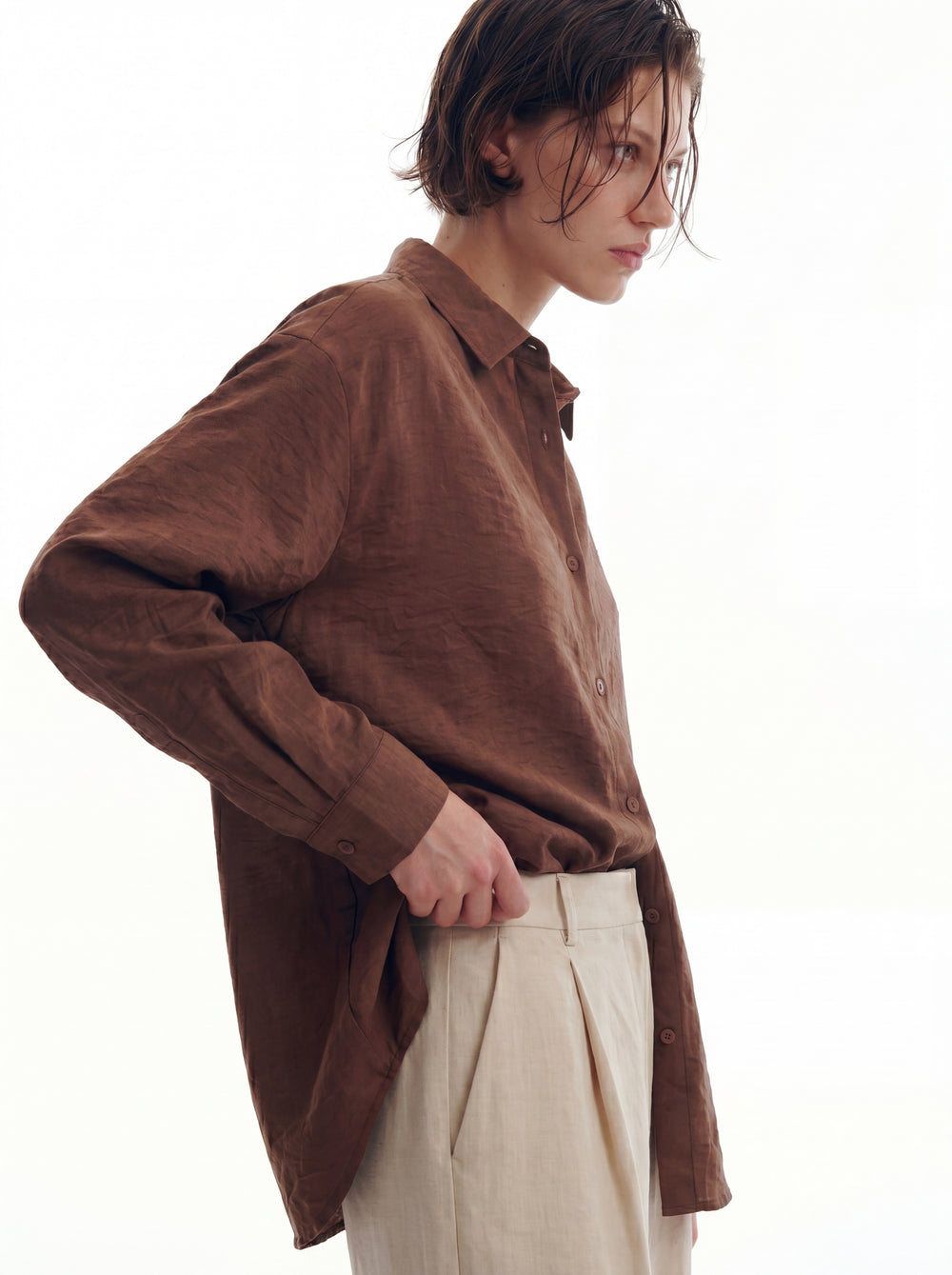 DOKUMLU TENCEL GOMLEK AMBER CAMEL