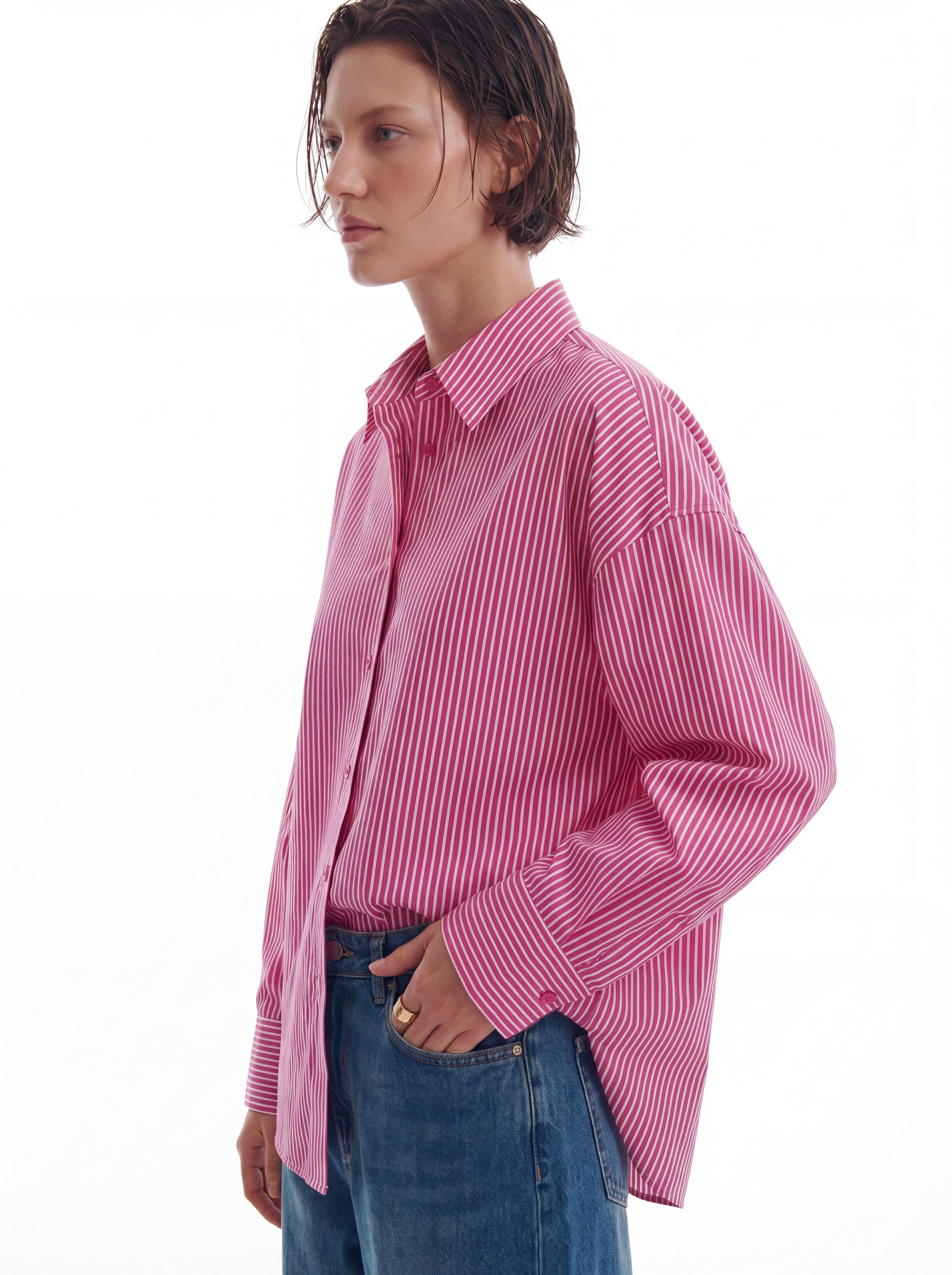 KLASIK YAKA OVERSIZE CIZGILI POPLIN GOMLEK FUSYA