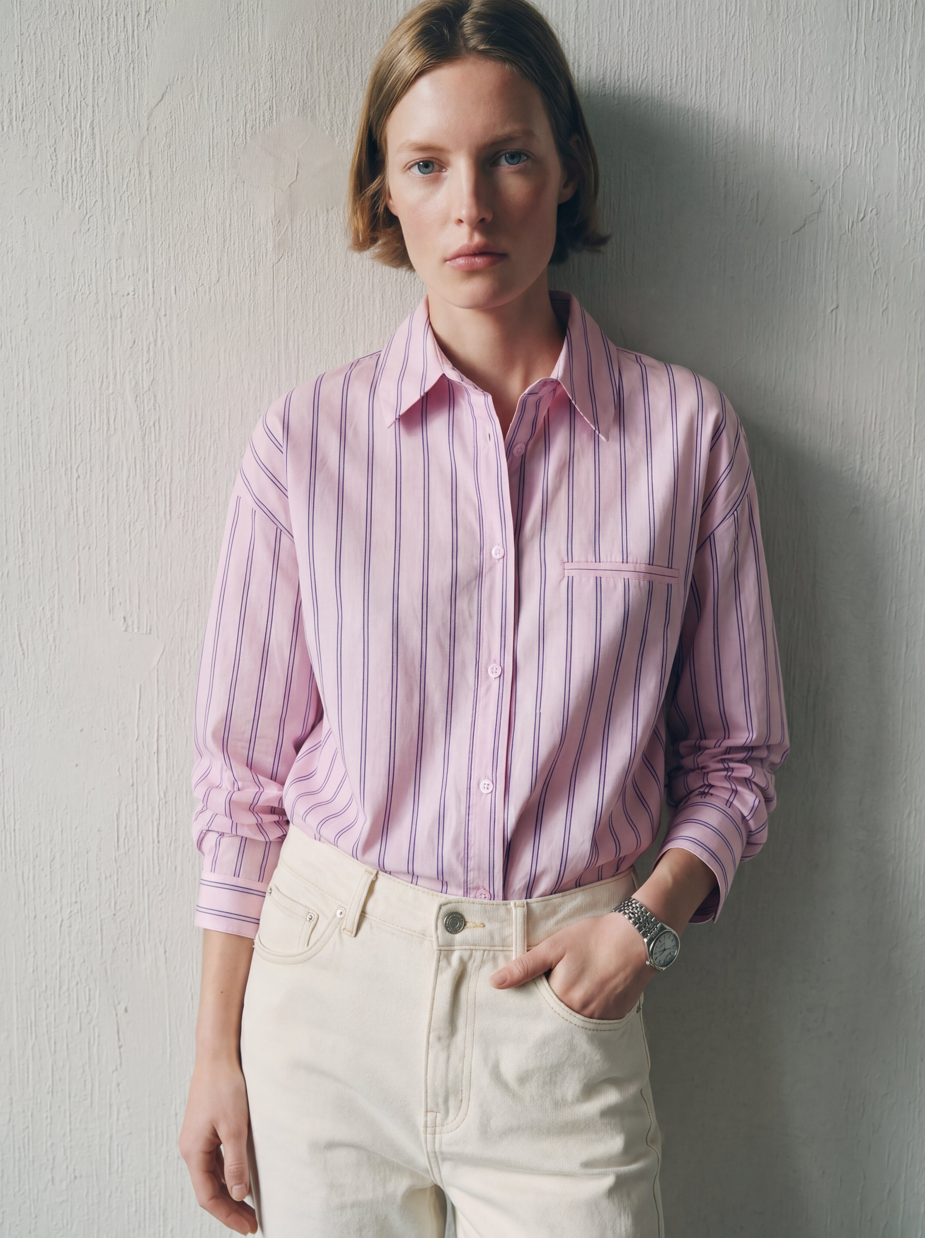 CEP DETAYLI CIZGILI POPLIN GOMLEK PEMBE