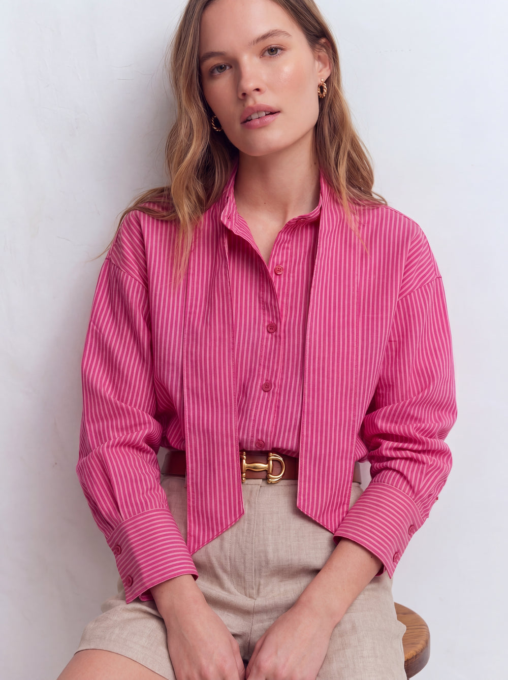 YAKA DETAYLI CIZGILI POPLIN GOMLEK CHERRY