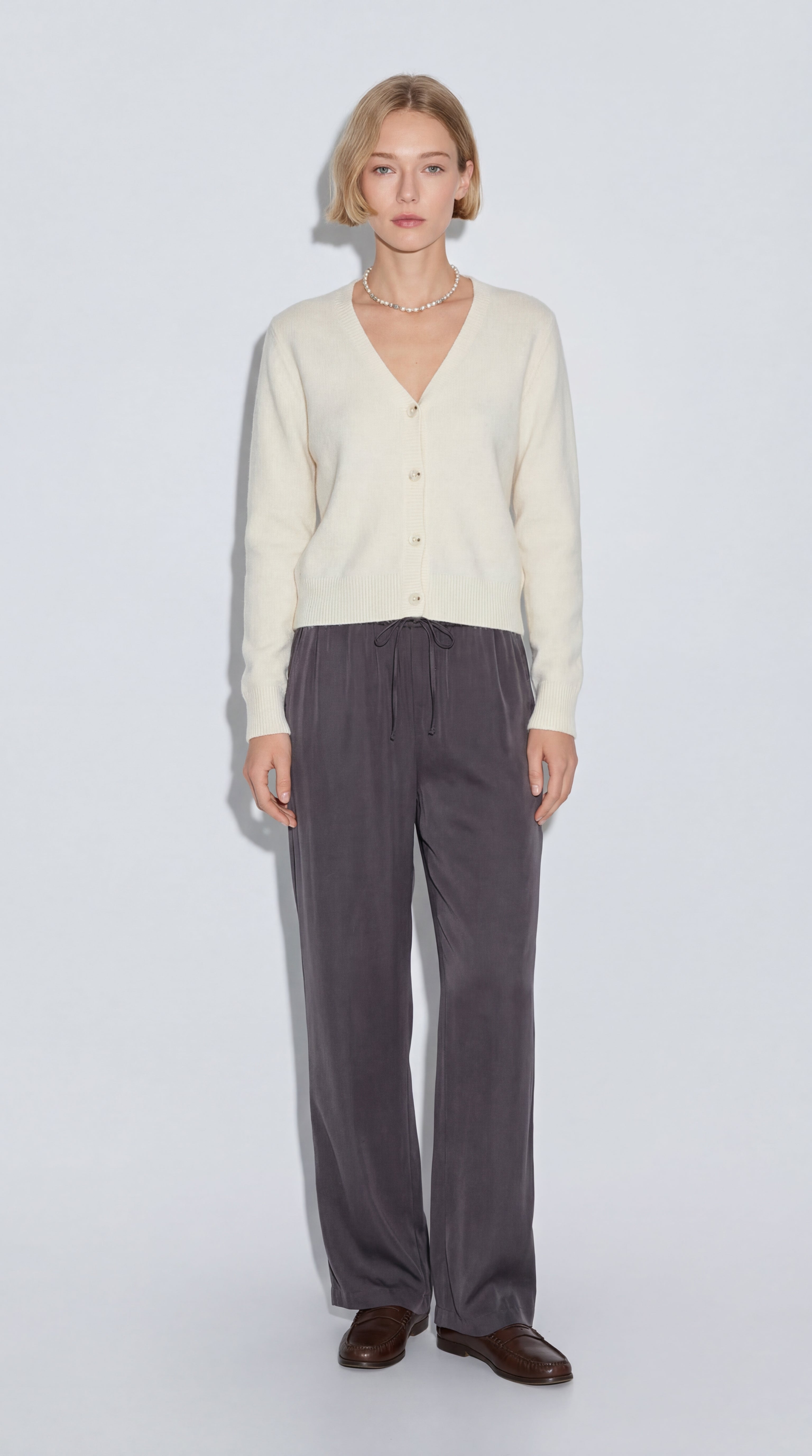 MODAL ELASTIC WAIST BAND WIDE LEGS PANTS CREAM