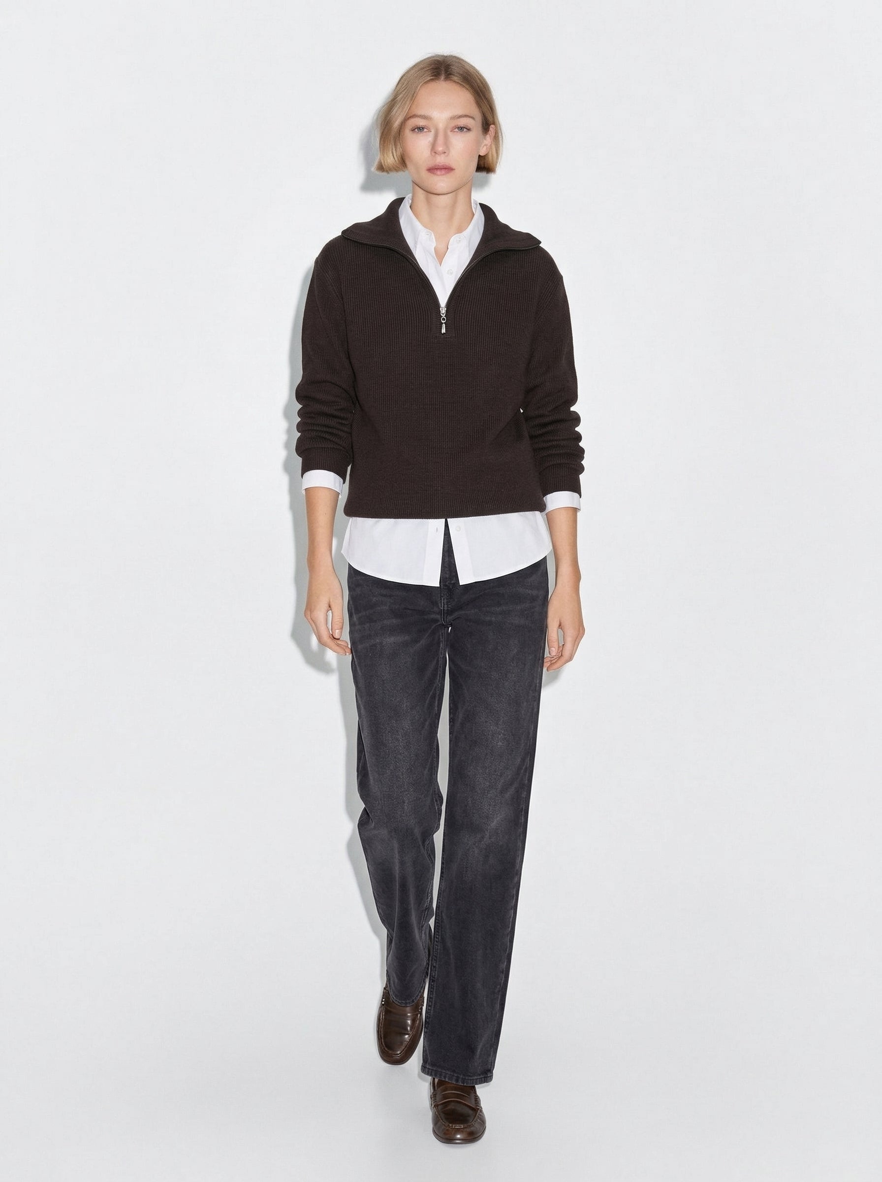 COTTON HIGH COLLAR ZIPPERED UNISEX SWEATER BROWN