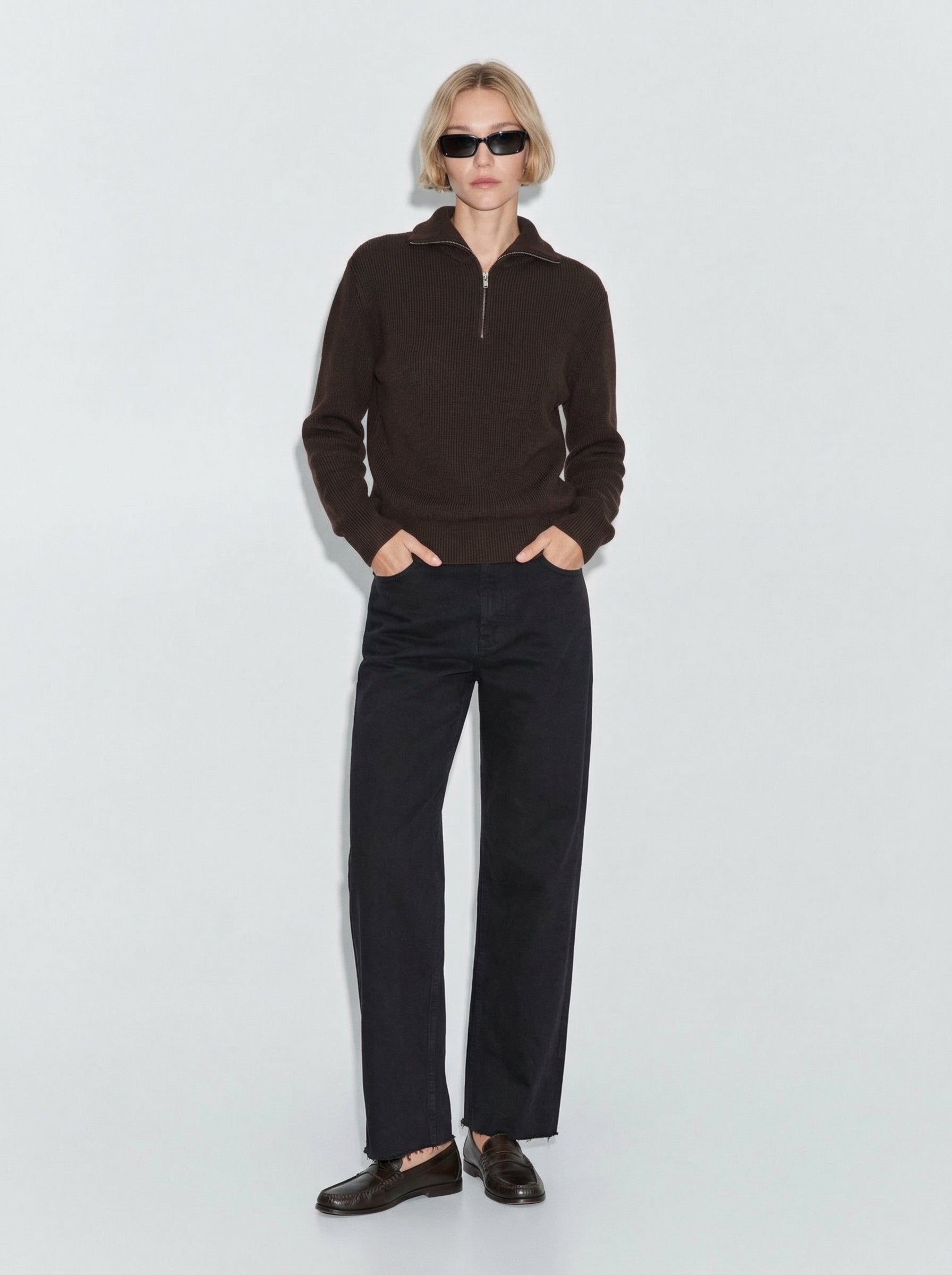 COTTON HIGH COLLAR ZIPPERED UNISEX SWEATER BROWN