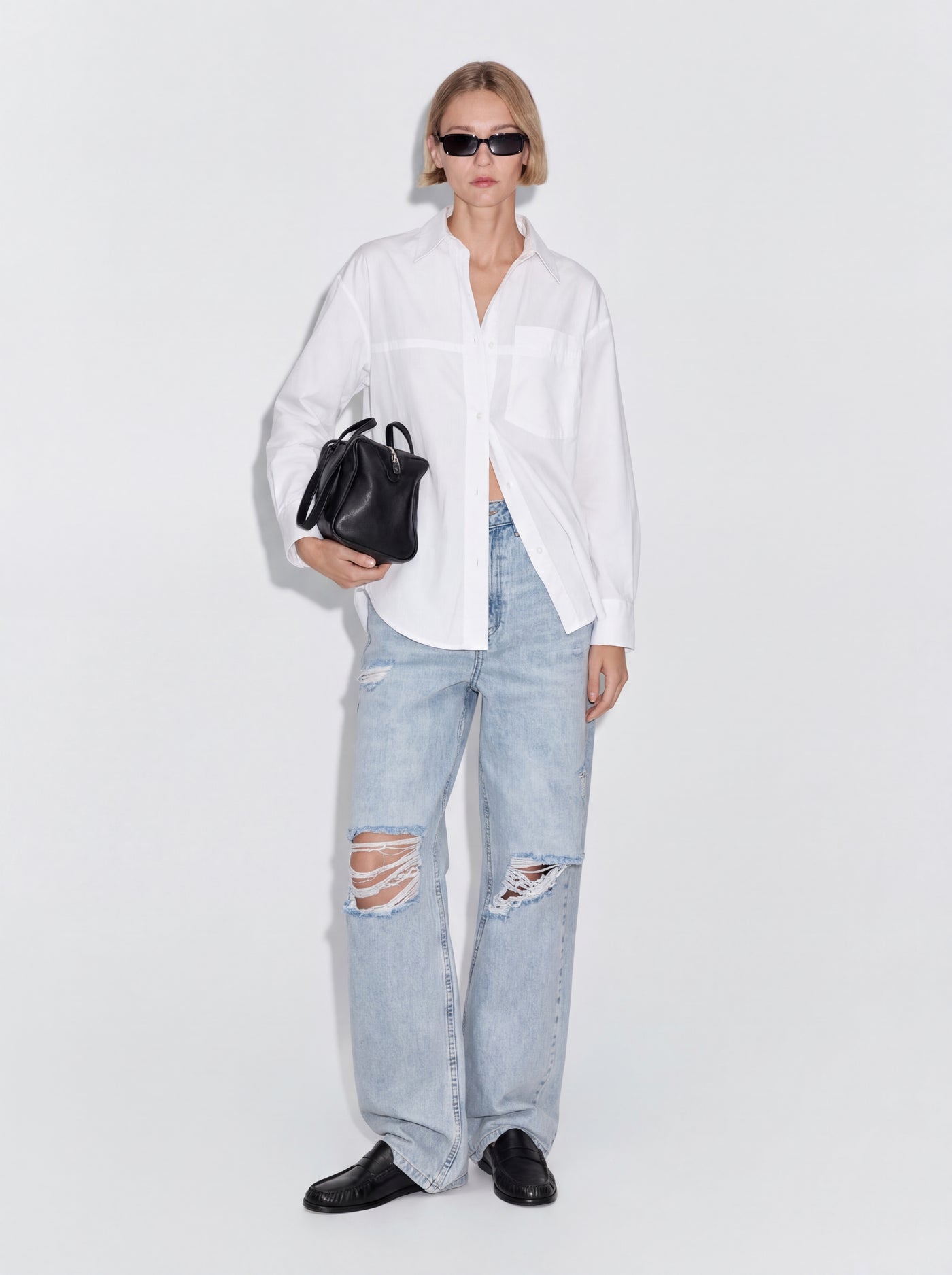 STRAIGHT FIT HIGH WAIST WIDE LEG RIPPED JEANS